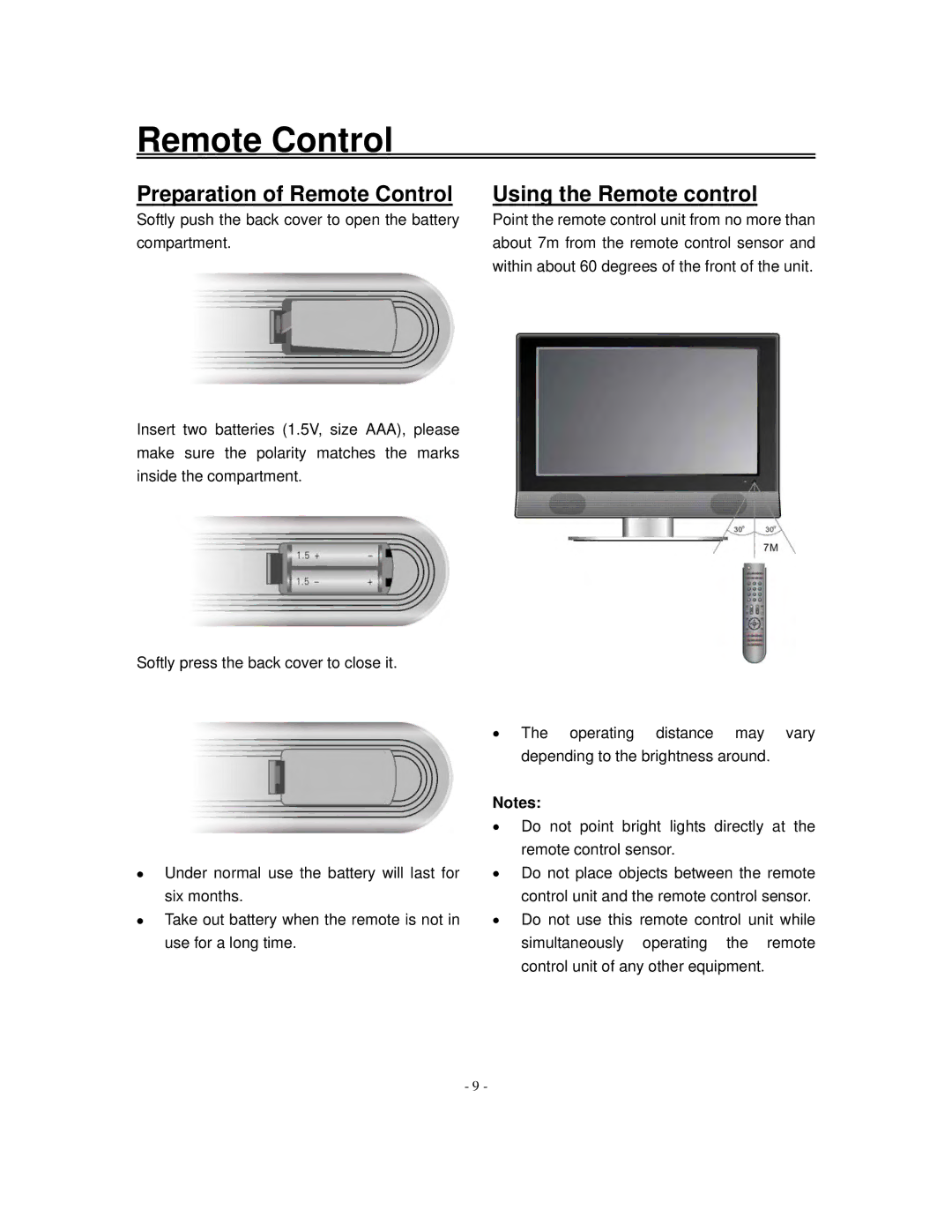 Polaroid FXM-1511C manual Preparation of Remote Control, Using the Remote control 