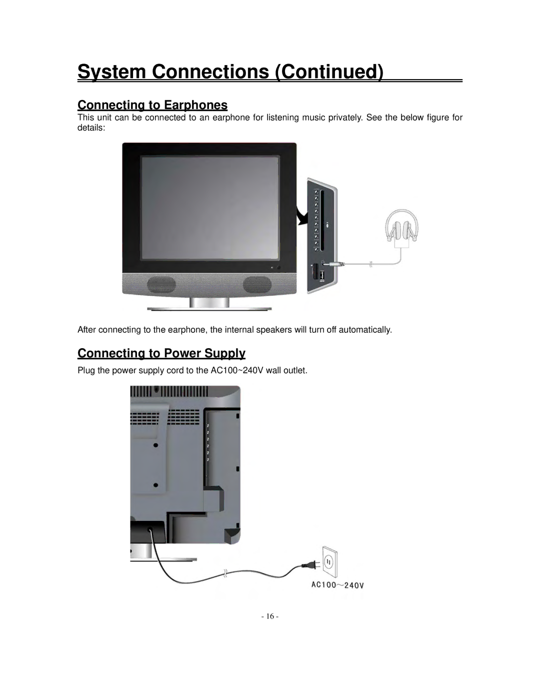 Polaroid FXM-1511C manual Connecting to Earphones, Connecting to Power Supply 