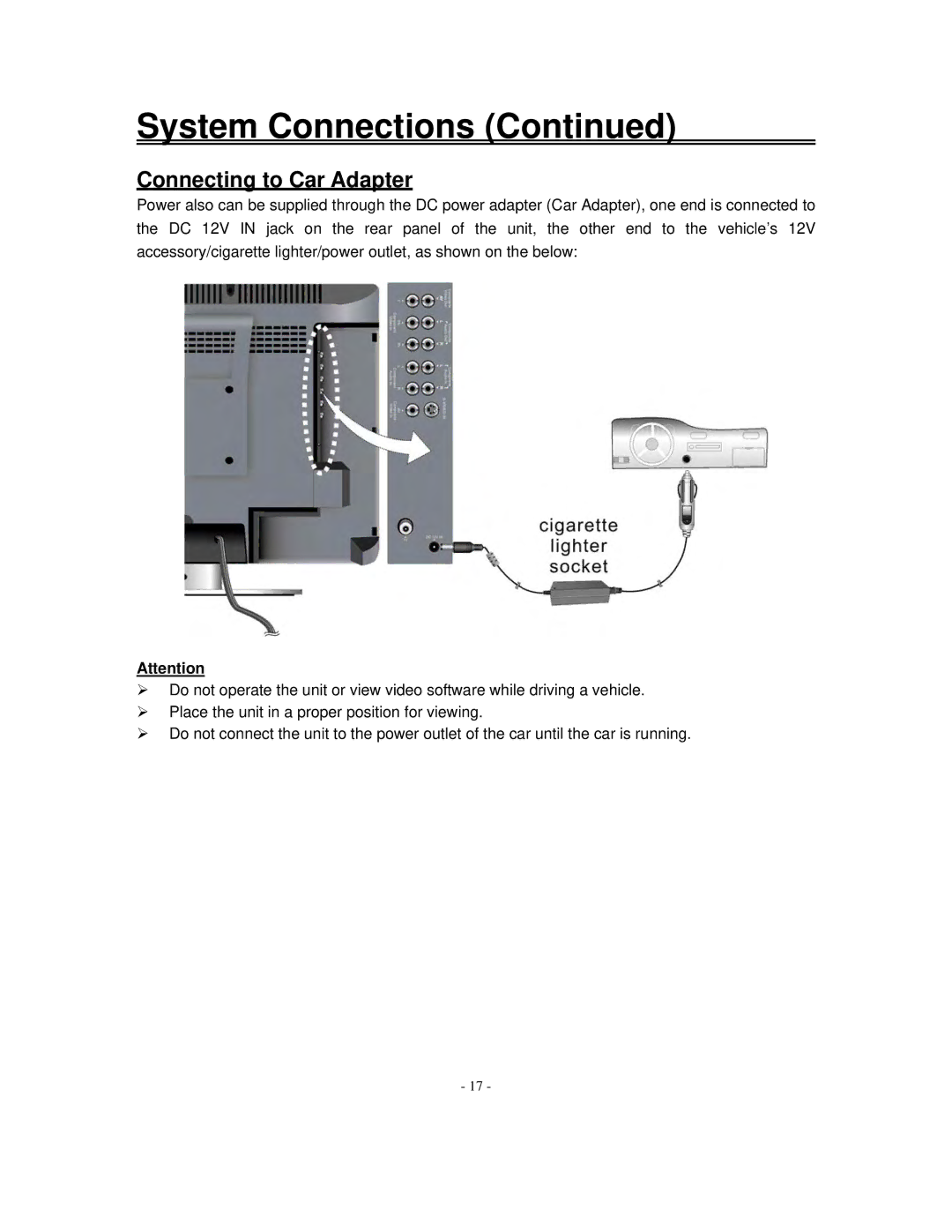 Polaroid FXM-1511C manual Connecting to Car Adapter 