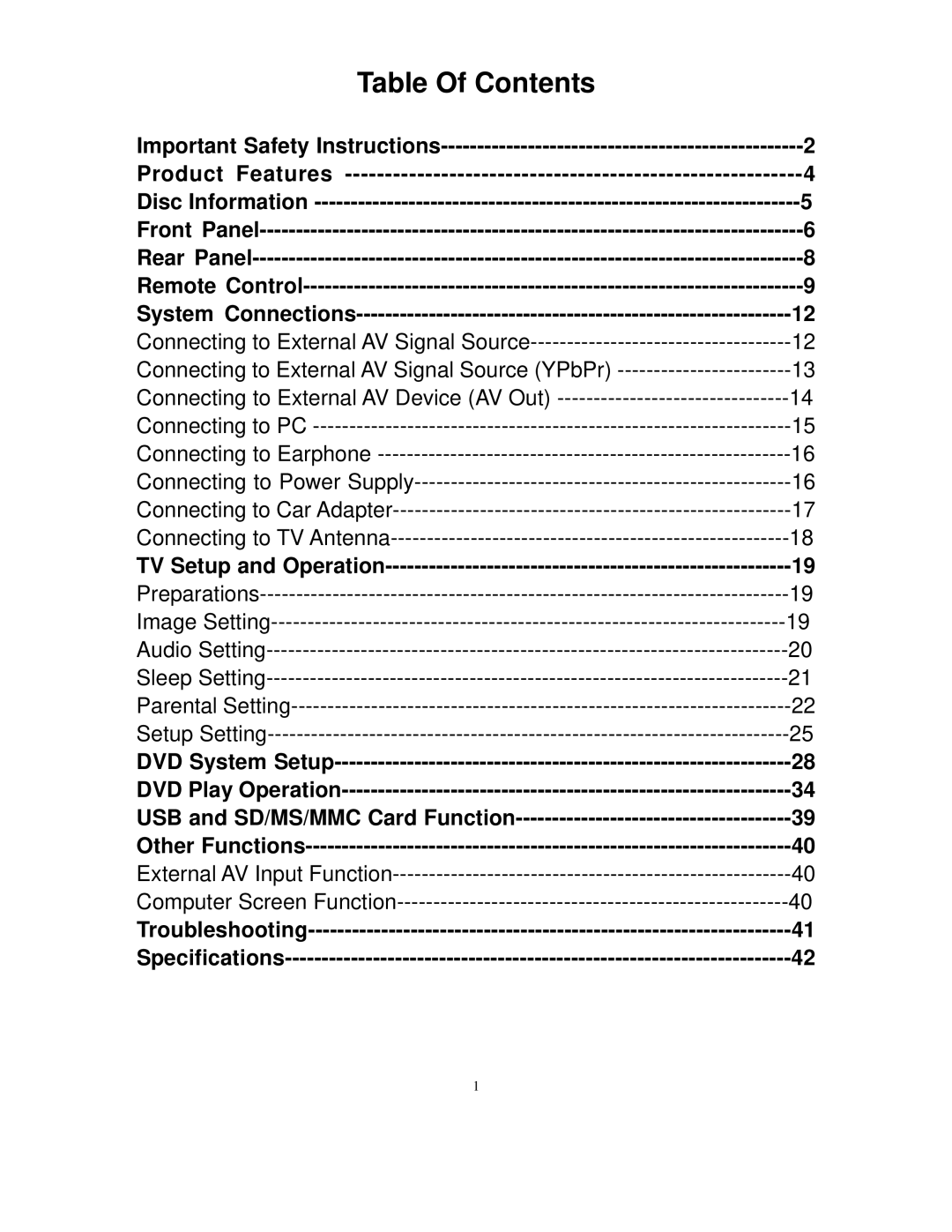 Polaroid FXM-1511C manual Table Of Contents 