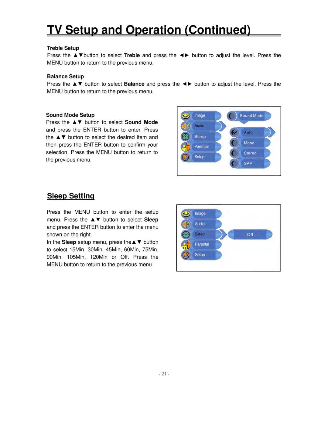 Polaroid FXM-1511C manual Sleep Setting, Treble Setup, Balance Setup, Sound Mode Setup 