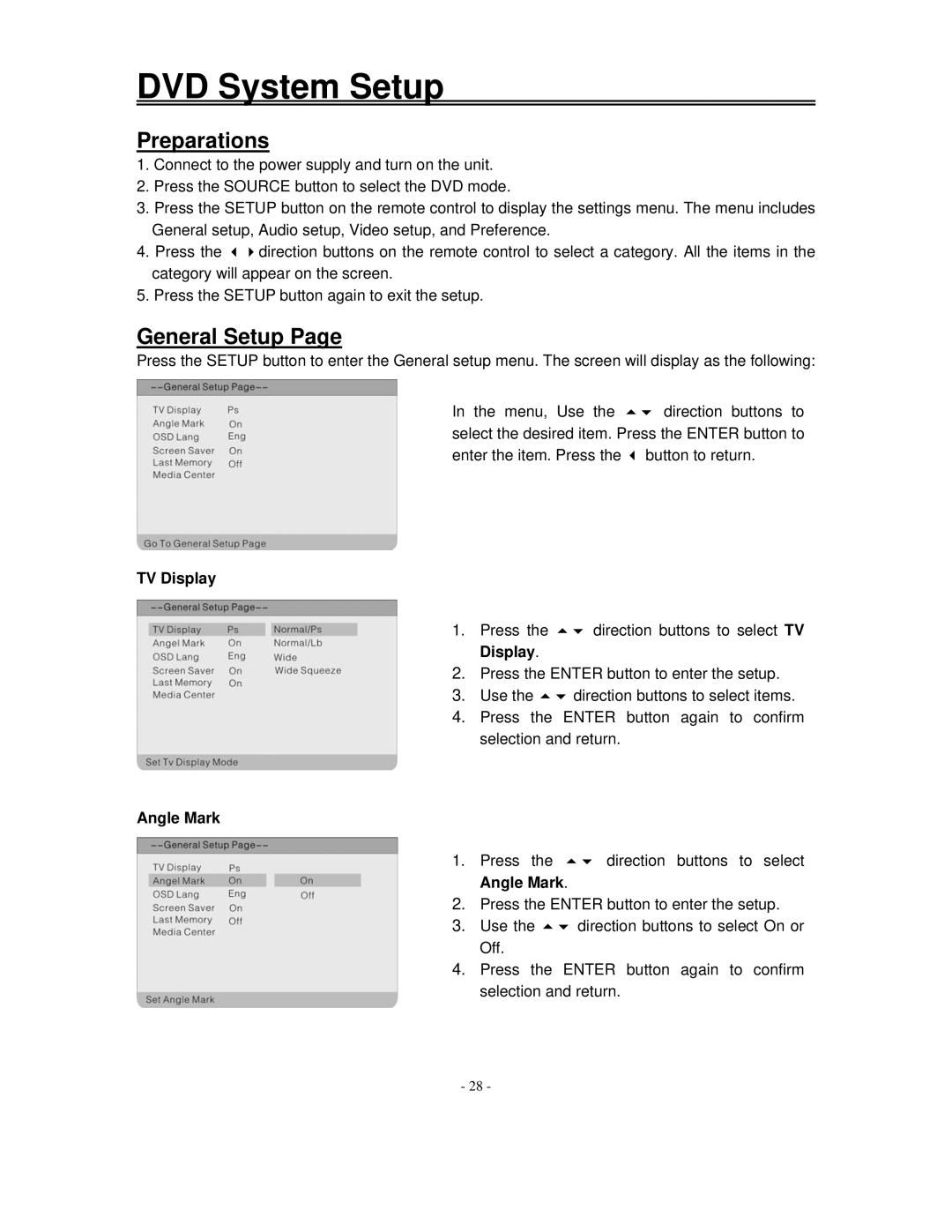 Polaroid FXM-1511C manual DVD System Setup, General Setup, TV Display, Angle Mark 