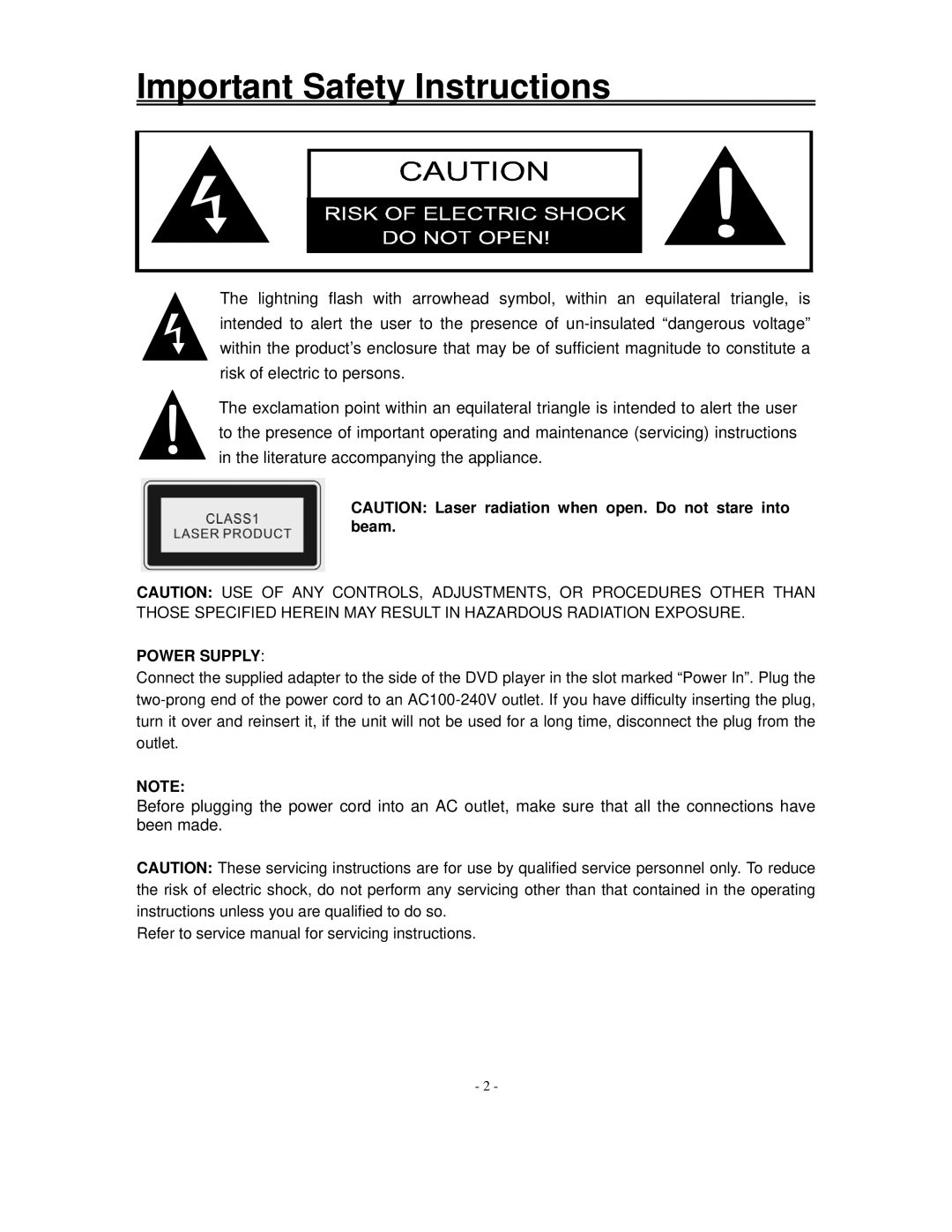 Polaroid FXM-1511C manual Important Safety Instructions, Power Supply 