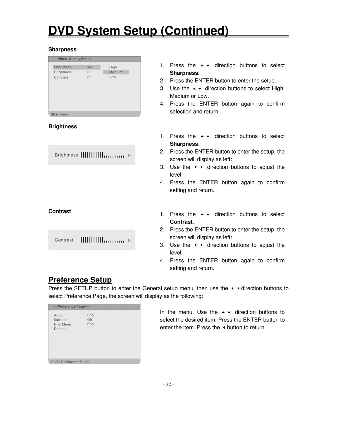 Polaroid FXM-1511C manual Preference Setup, Sharpness Brightness Contrast 