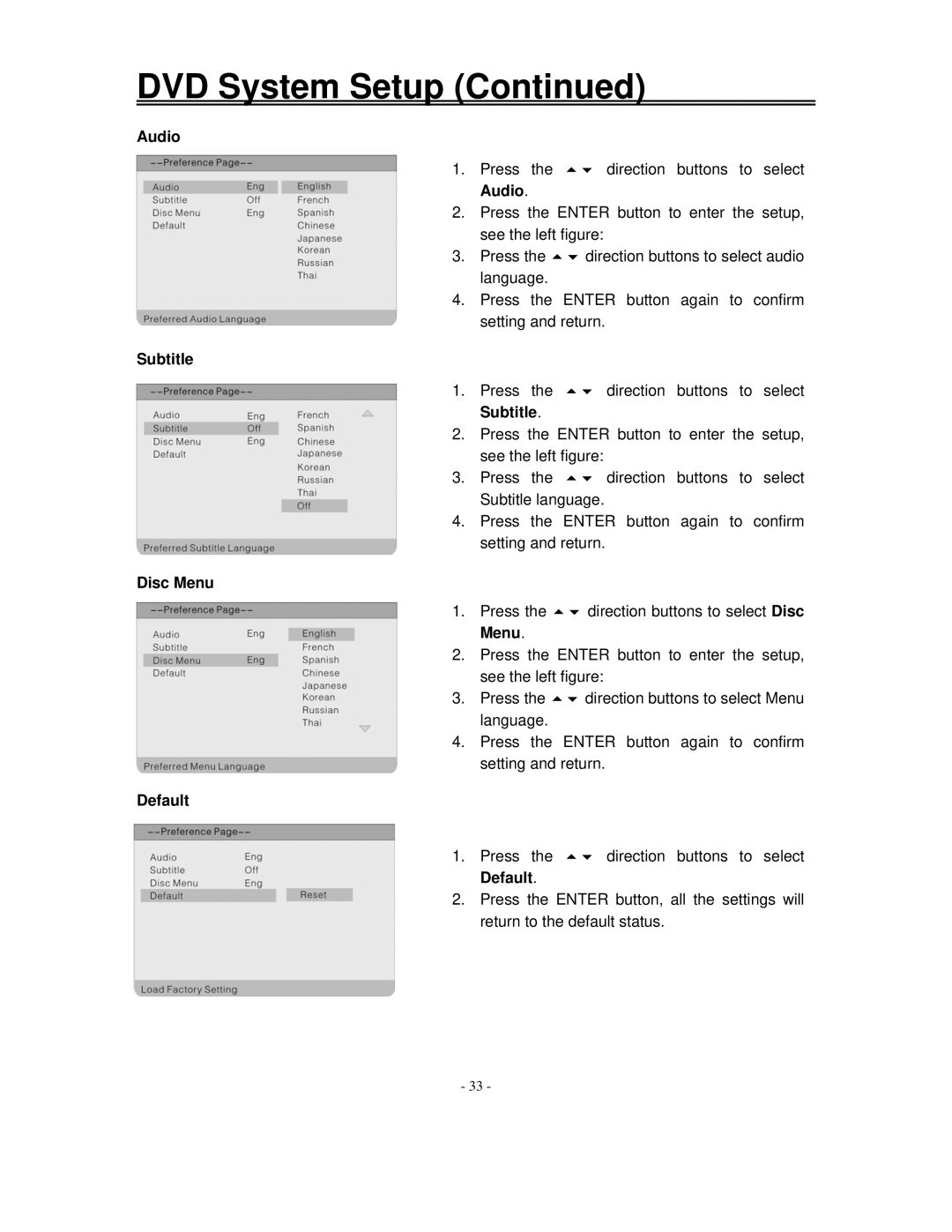 Polaroid FXM-1511C manual Audio, Subtitle, Disc Menu, Default 