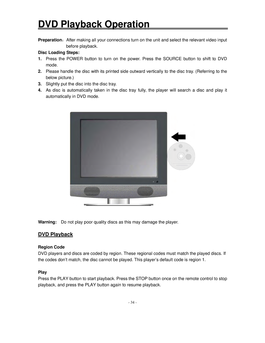 Polaroid FXM-1511C manual DVD Playback Operation, Disc Loading Steps, Region Code 