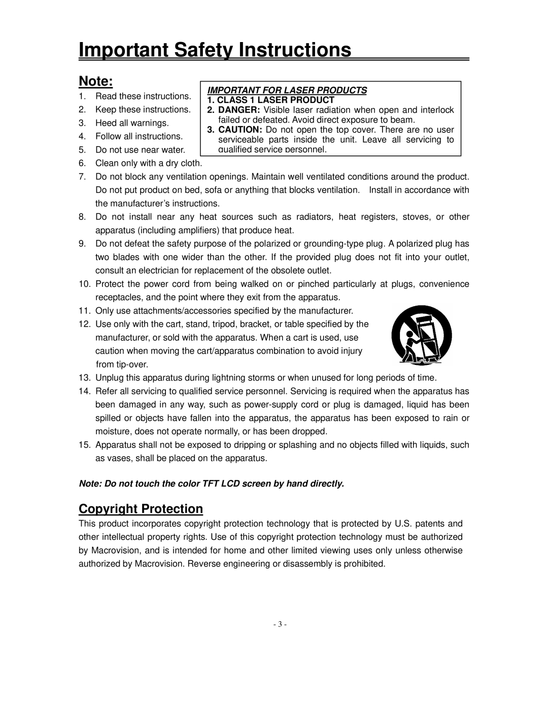 Polaroid FXM-1511C manual Copyright Protection, Important for Laser Products 