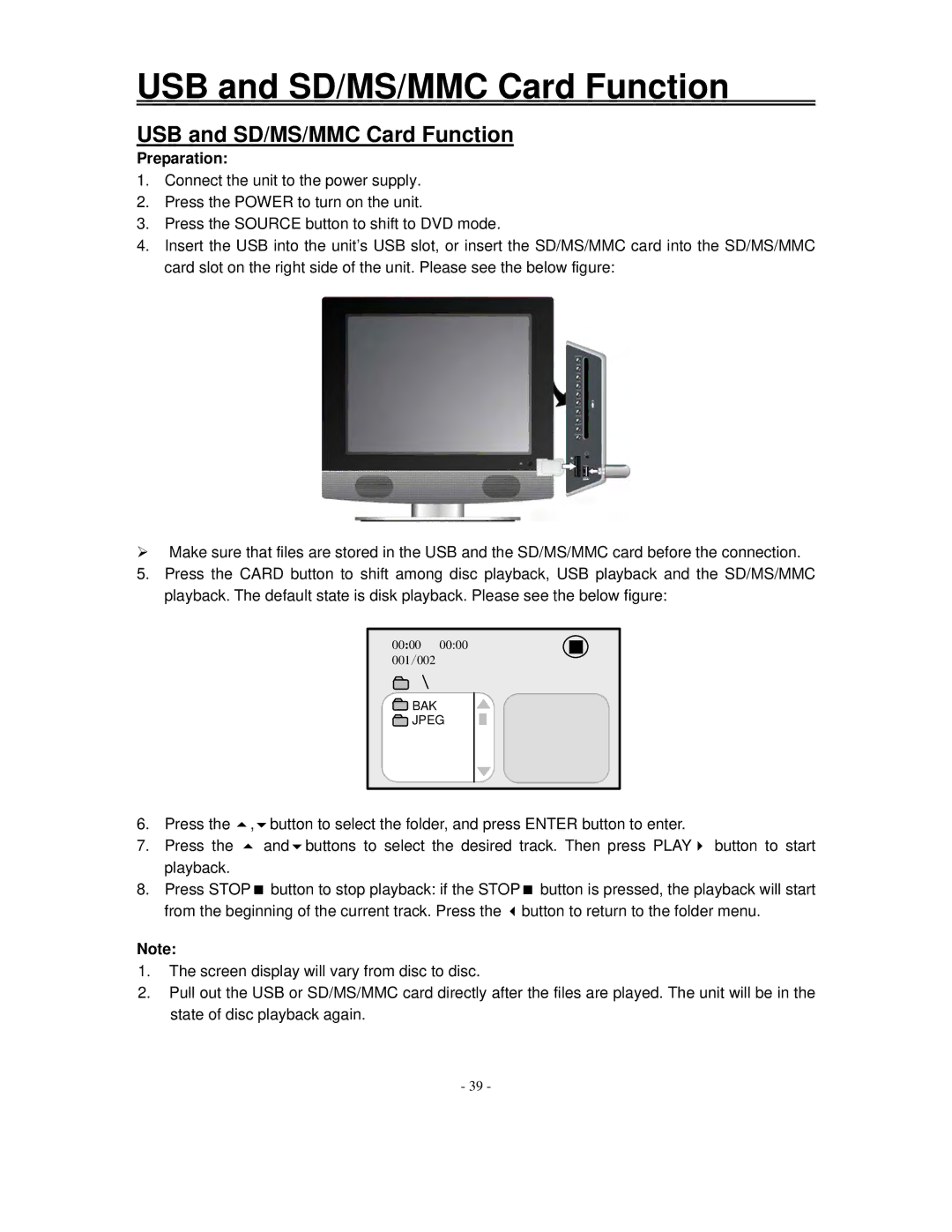 Polaroid FXM-1511C manual USB and SD/MS/MMC Card Function, Preparation 