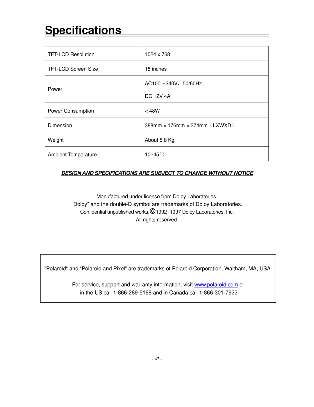 Polaroid FXM-1511C manual Specifications 