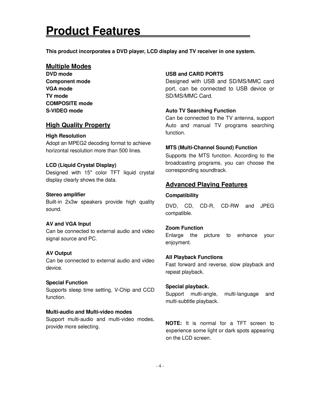 Polaroid FXM-1511C manual Product Features 