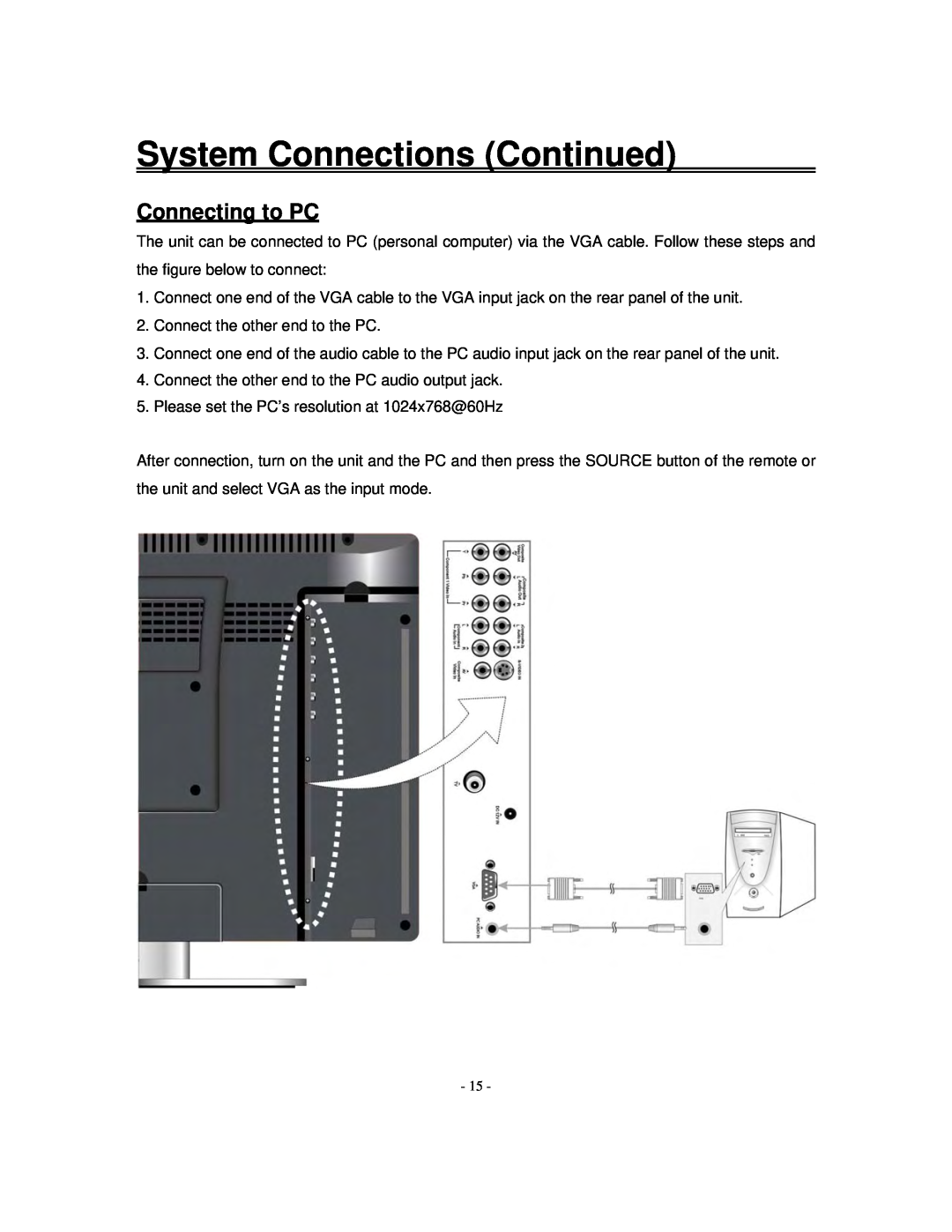 Polaroid FXM-1911C manual Connecting to PC, System Connections Continued 
