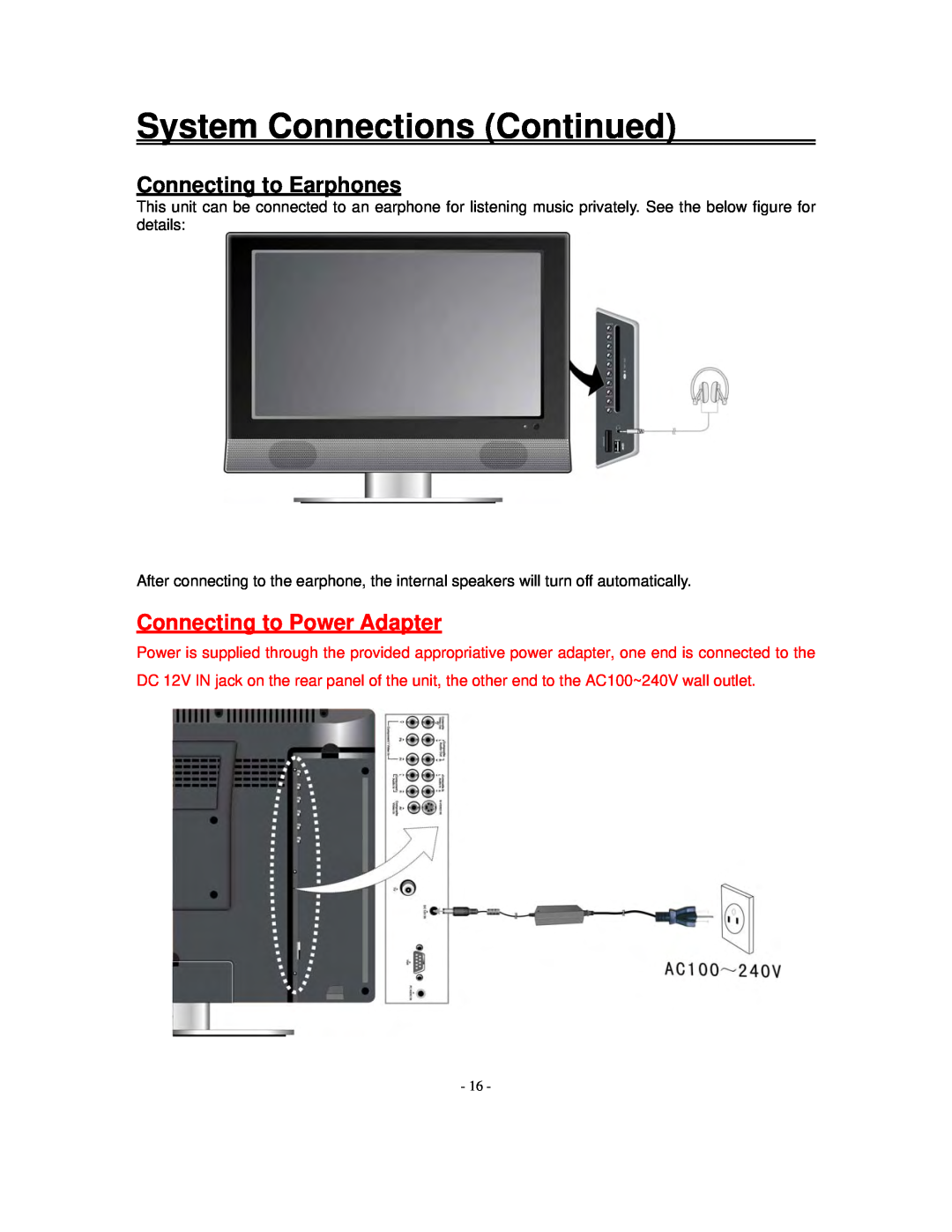 Polaroid FXM-1911C manual Connecting to Earphones, Connecting to Power Adapter, System Connections Continued 