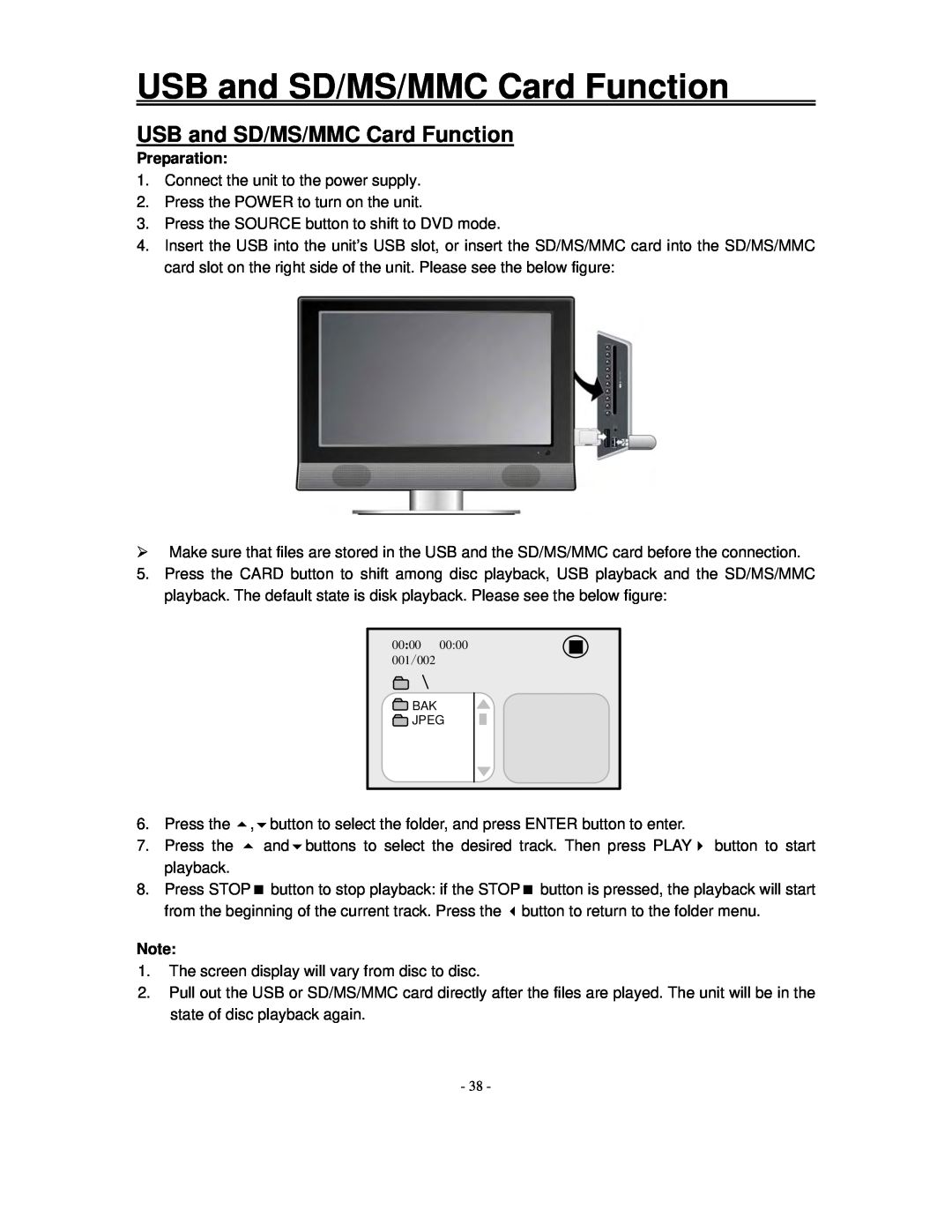 Polaroid FXM-1911C manual USB and SD/MS/MMC Card Function, Preparation 