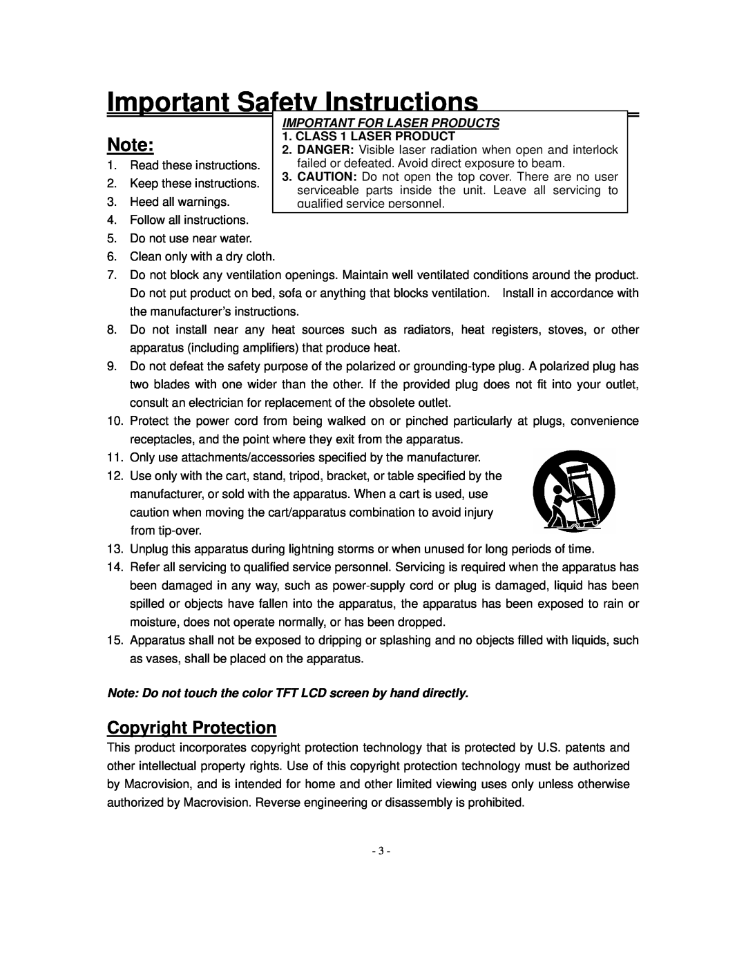 Polaroid FXM-1911C manual Copyright Protection, Important Safety Instructions, Important For Laser Products 