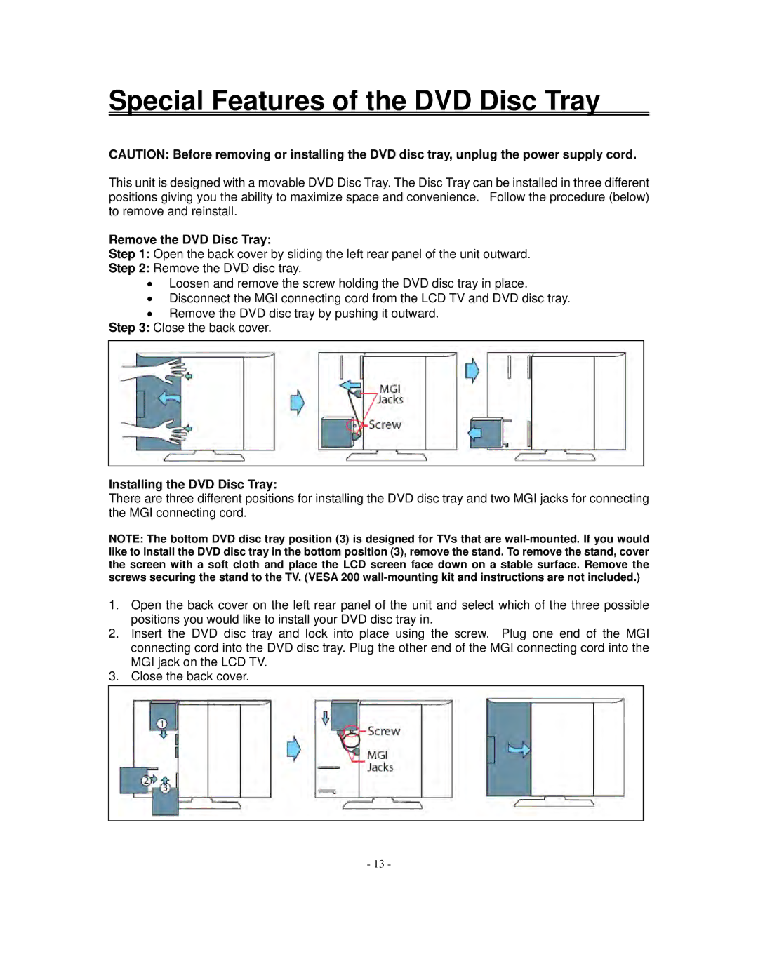 Polaroid FXM-2611C manual Special Features of the DVD Disc Tray, Remove the DVD Disc Tray, Installing the DVD Disc Tray 