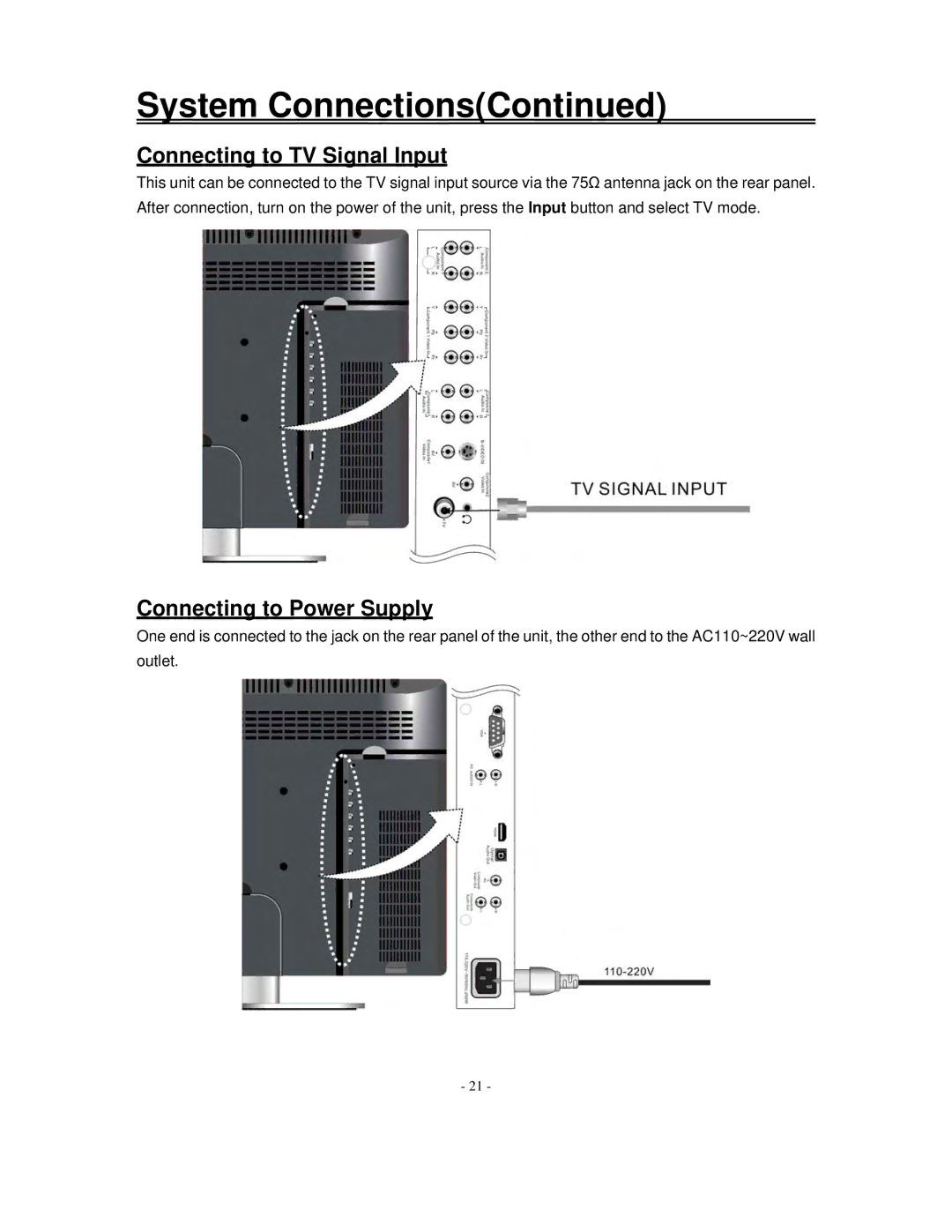 Polaroid FXM-2611C manual Connecting to TV Signal Input, Connecting to Power Supply 