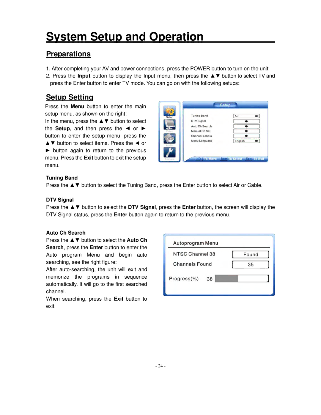 Polaroid FXM-2611C manual System Setup and Operation, Preparations, Setup Setting 