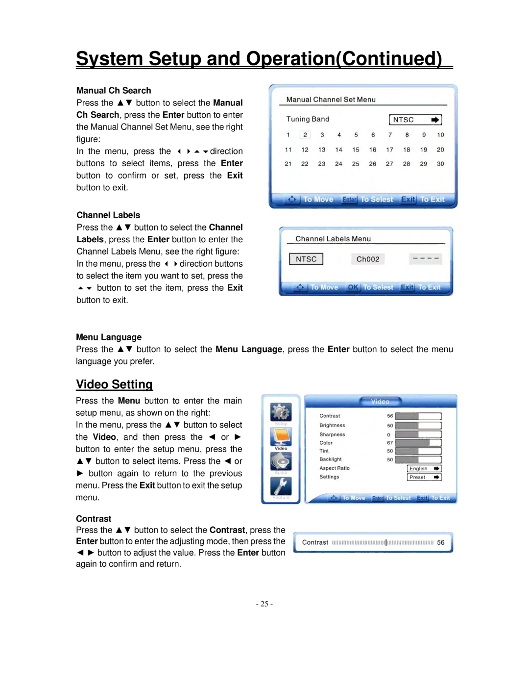 Polaroid FXM-2611C manual Video Setting, Manual Ch Search, Channel Labels, Menu Language, Contrast 