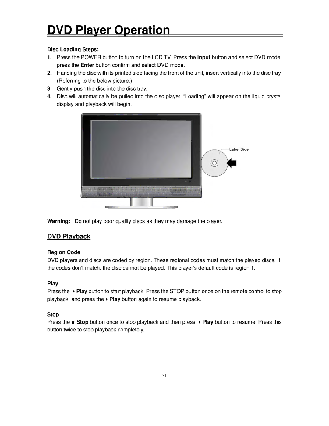 Polaroid FXM-2611C manual DVD Player Operation, Disc Loading Steps, Region Code, Stop 