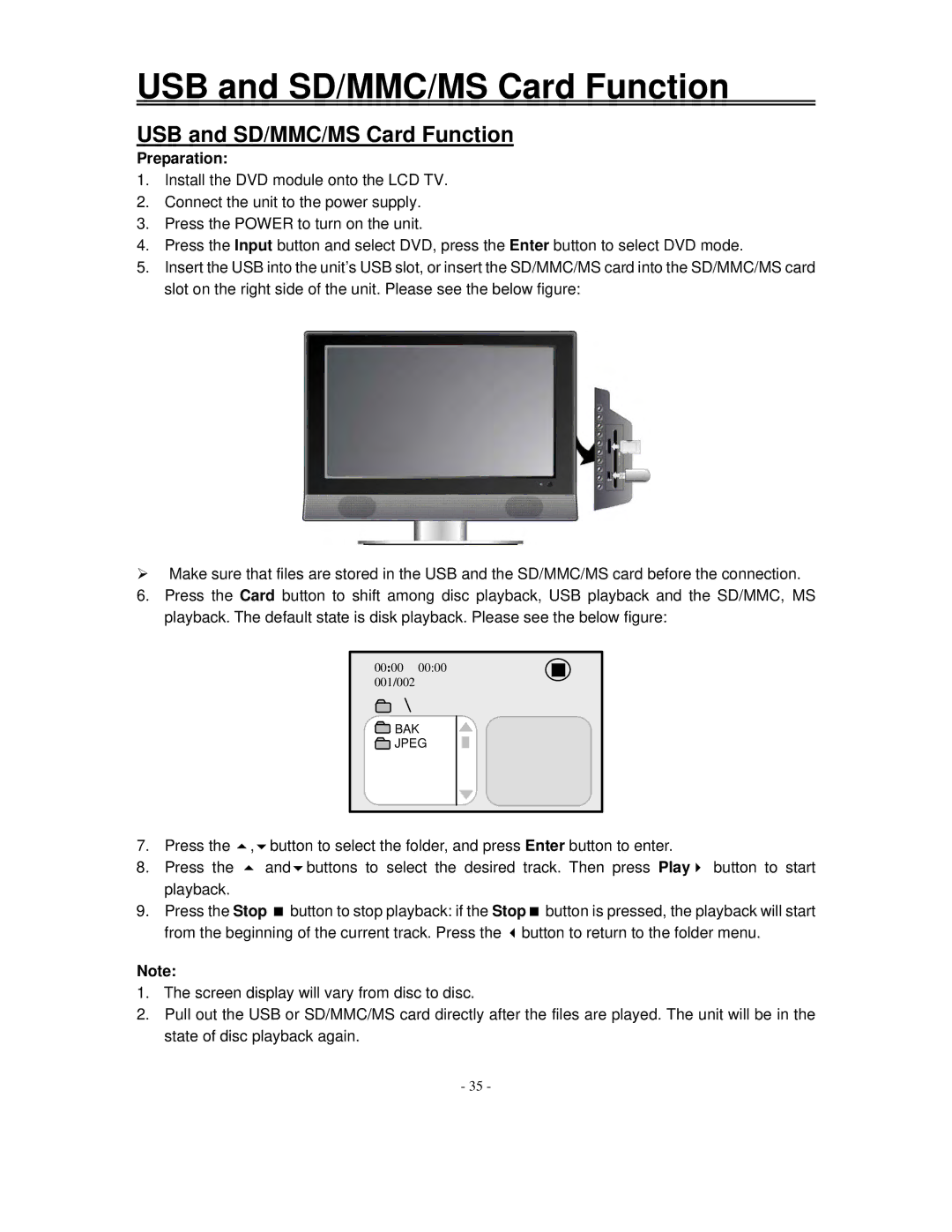 Polaroid FXM-2611C manual USB and SD/MMC/MS Card Function, Preparation 