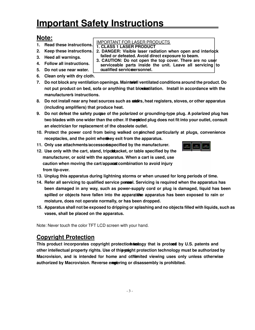 Polaroid FXM-2611C manual Copyright Protection, Important for Laser Products 