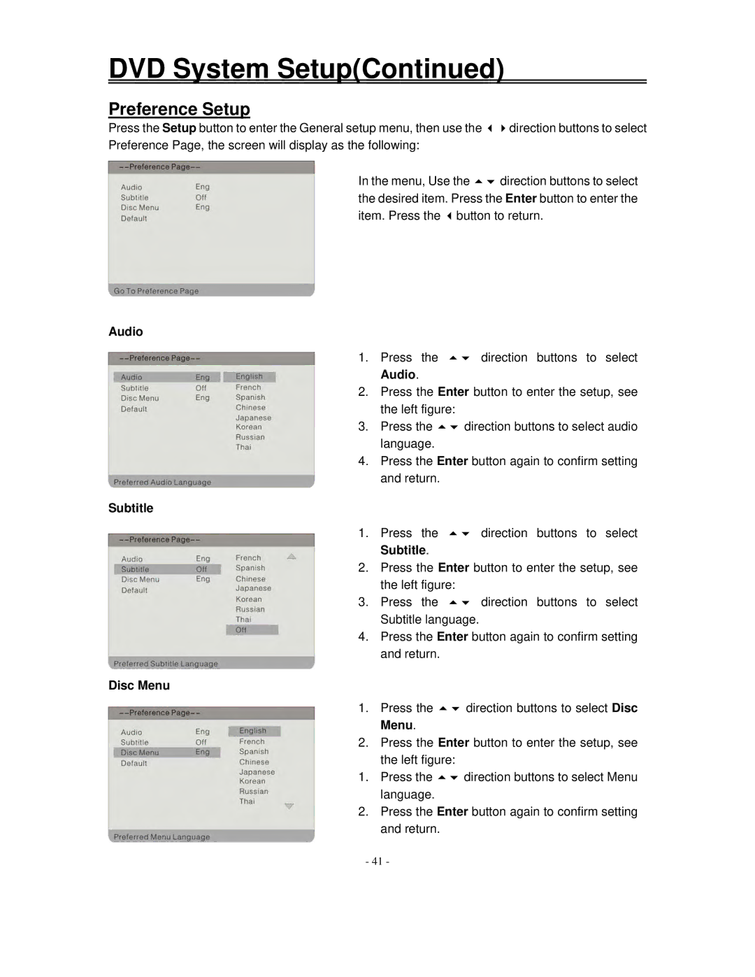 Polaroid FXM-2611C manual Preference Setup, Disc Menu 