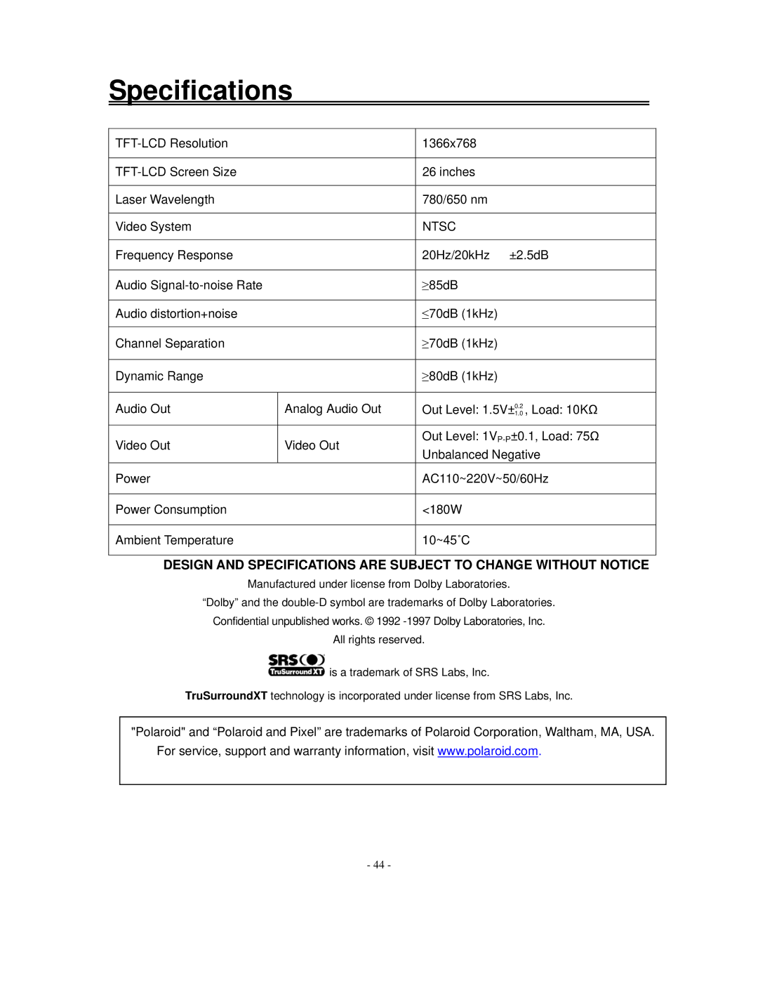 Polaroid FXM-2611C manual Specifications, Ntsc 