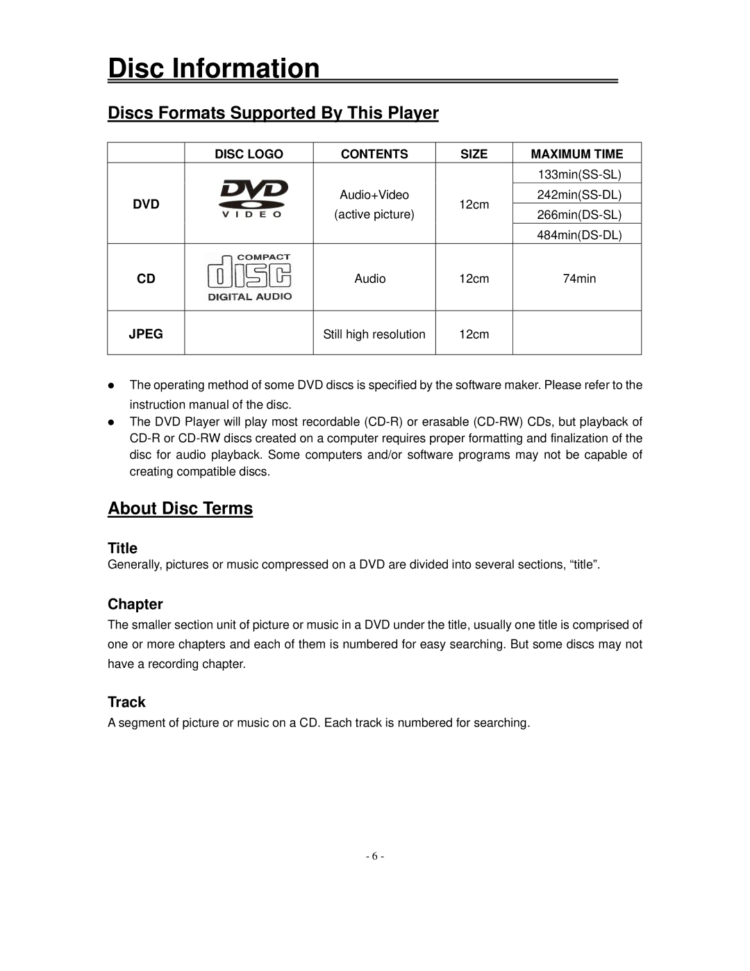 Polaroid FXM-2611C manual Disc Information, Discs Formats Supported By This Player, About Disc Terms 