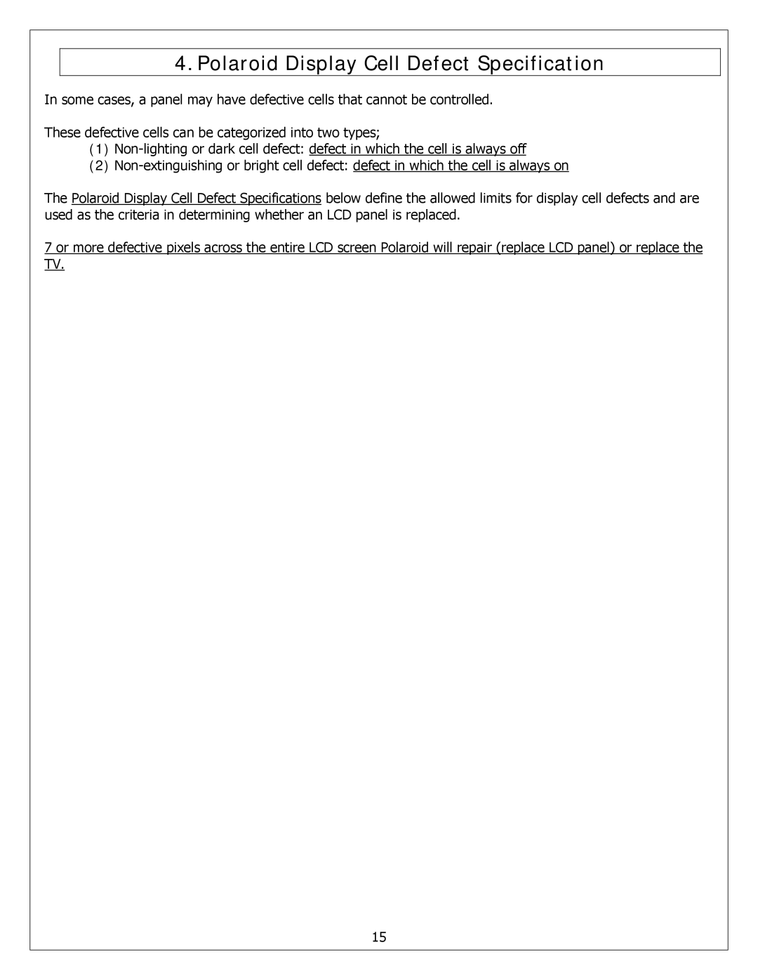 Polaroid FXM-2611C service manual Polaroid Display Cell Defect Specification 