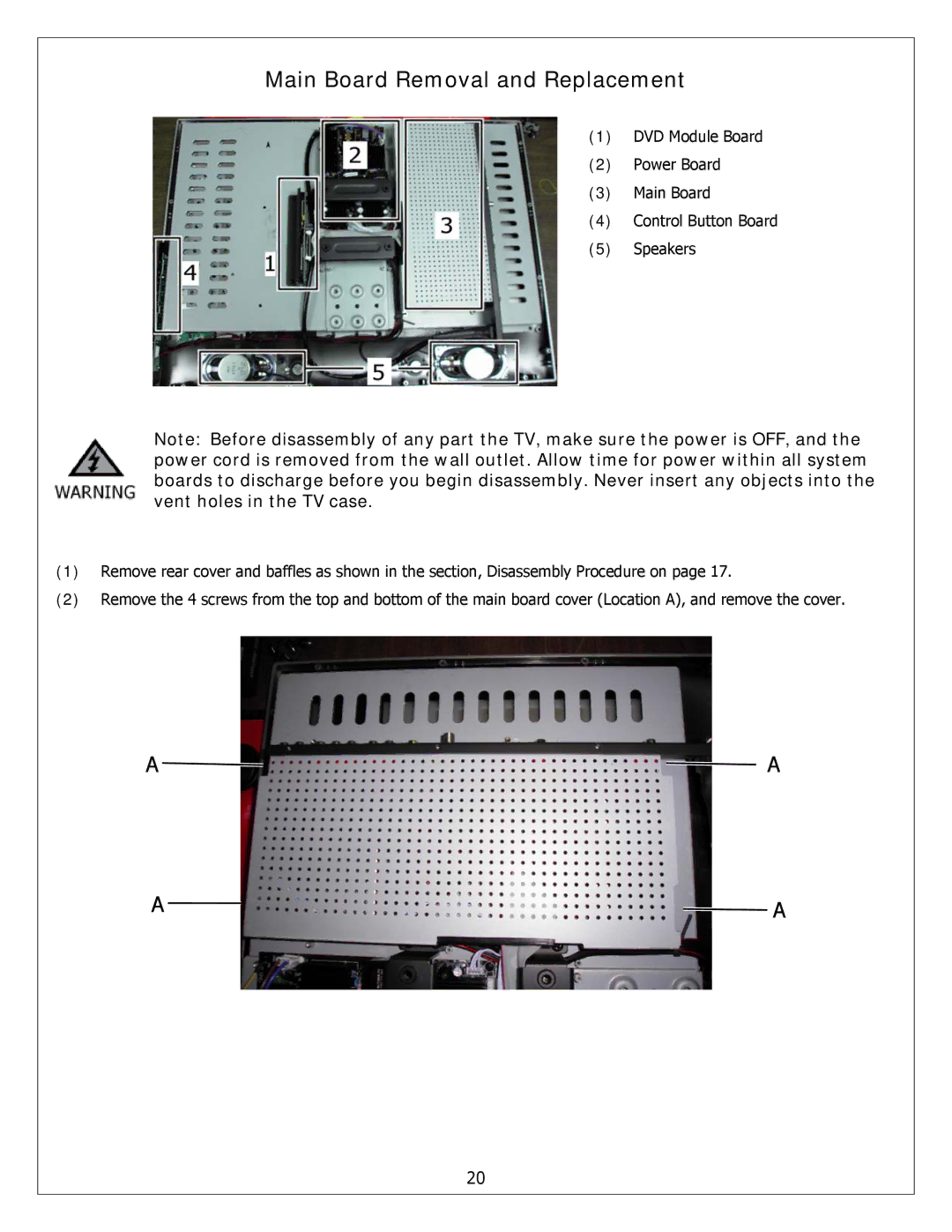 Polaroid FXM-2611C service manual Main Board Removal and Replacement 