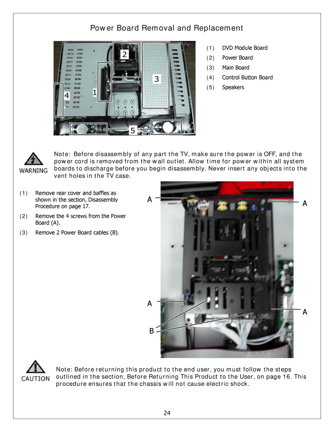 Polaroid FXM-2611C service manual Power Board Removal and Replacement 