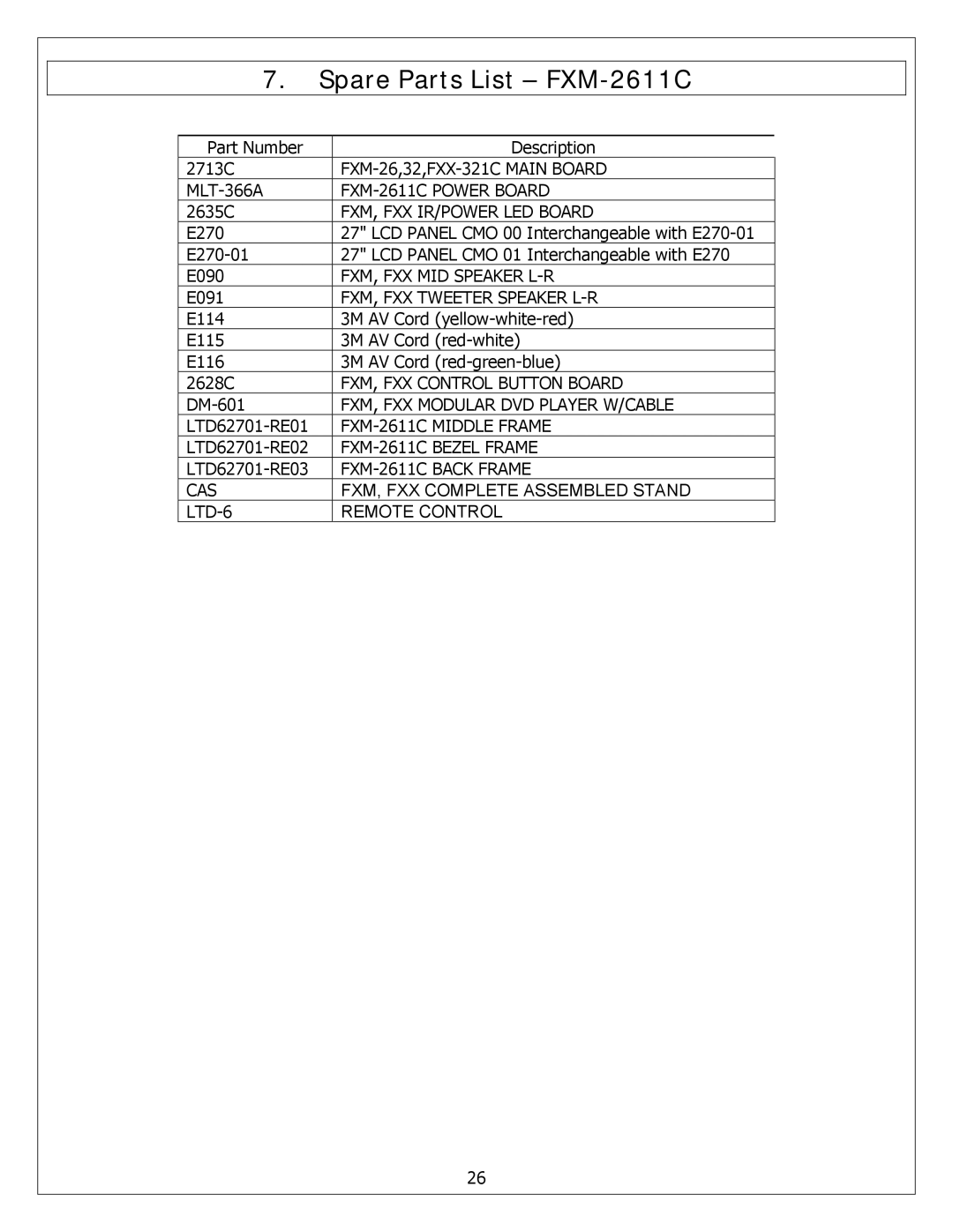 Polaroid service manual Spare Parts List FXM-2611C 