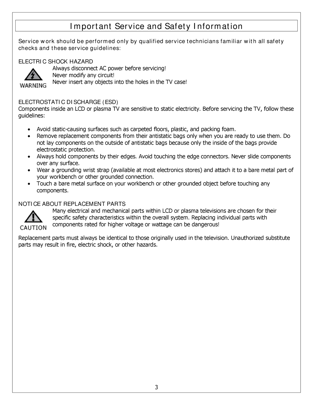 Polaroid FXM-2611C service manual Electric Shock Hazard 