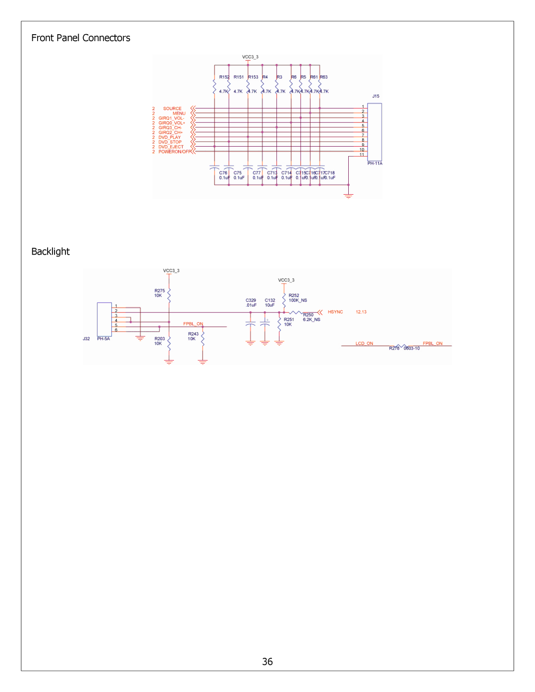 Polaroid FXM-2611C service manual Front Panel Connectors Backlight 