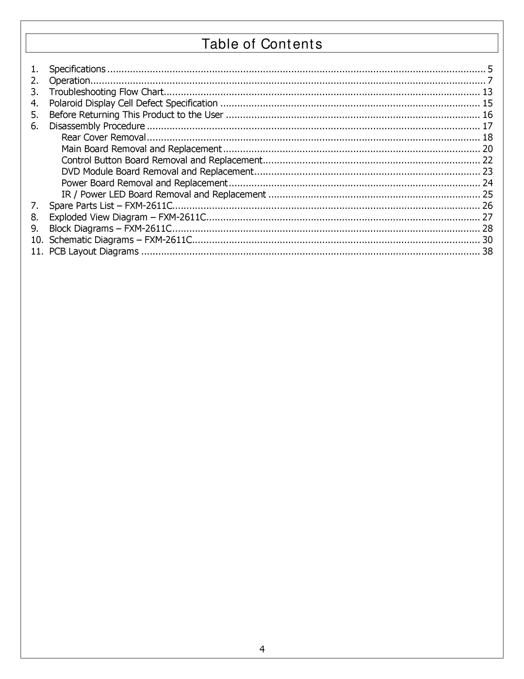 Polaroid FXM-2611C service manual Table of Contents 