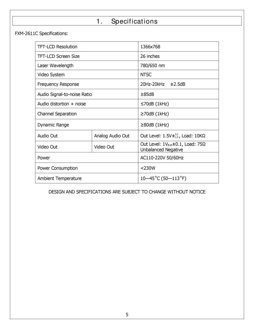 Polaroid FXM-2611C service manual Specifications, Ntsc 