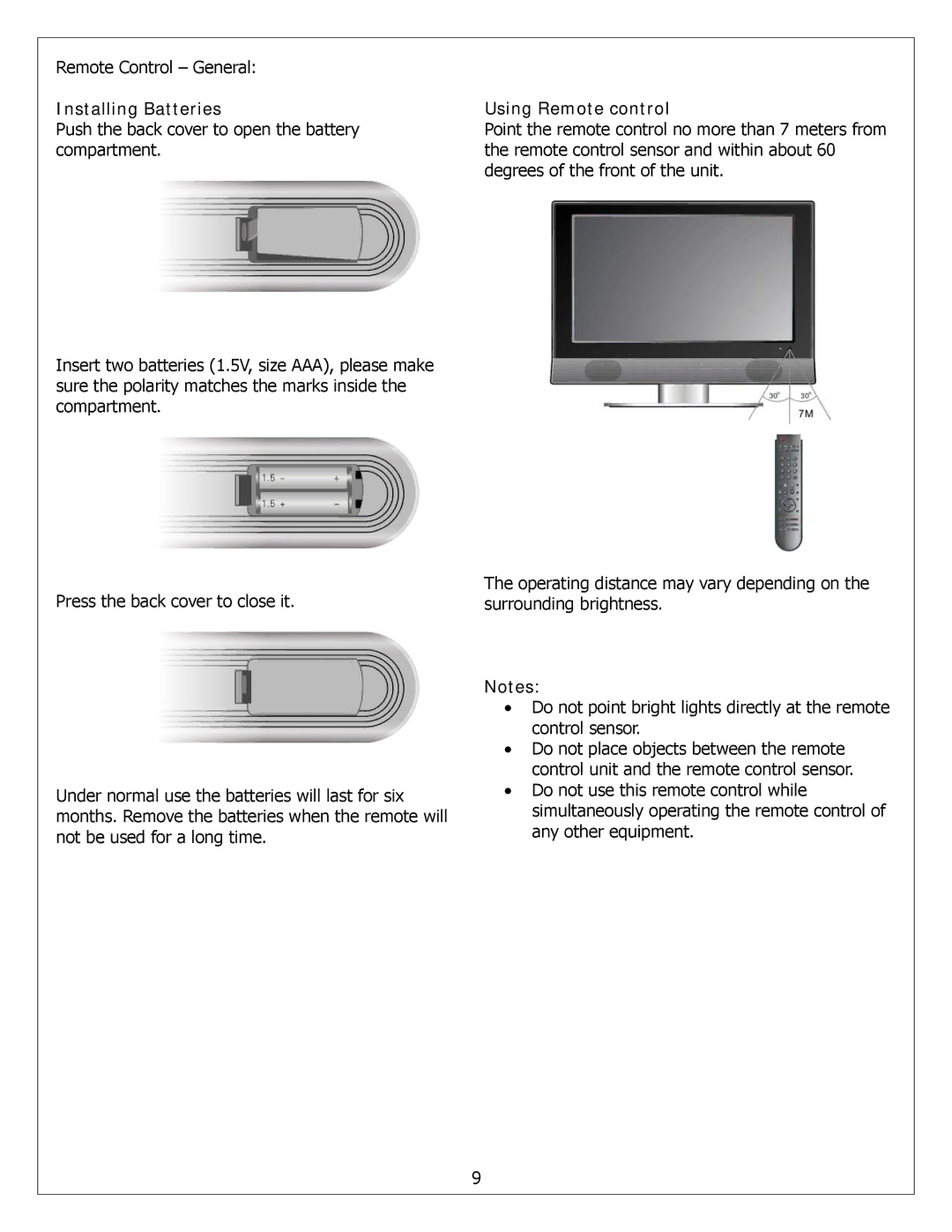 Polaroid FXM-2611C service manual Remote Control General, Installing Batteries 