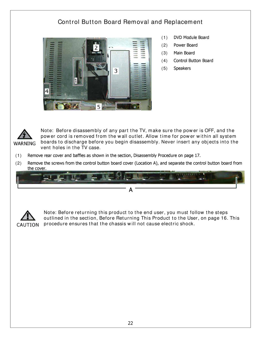 Polaroid FXM-3211C, FXX-321C service manual Control Button Board Removal and Replacement 