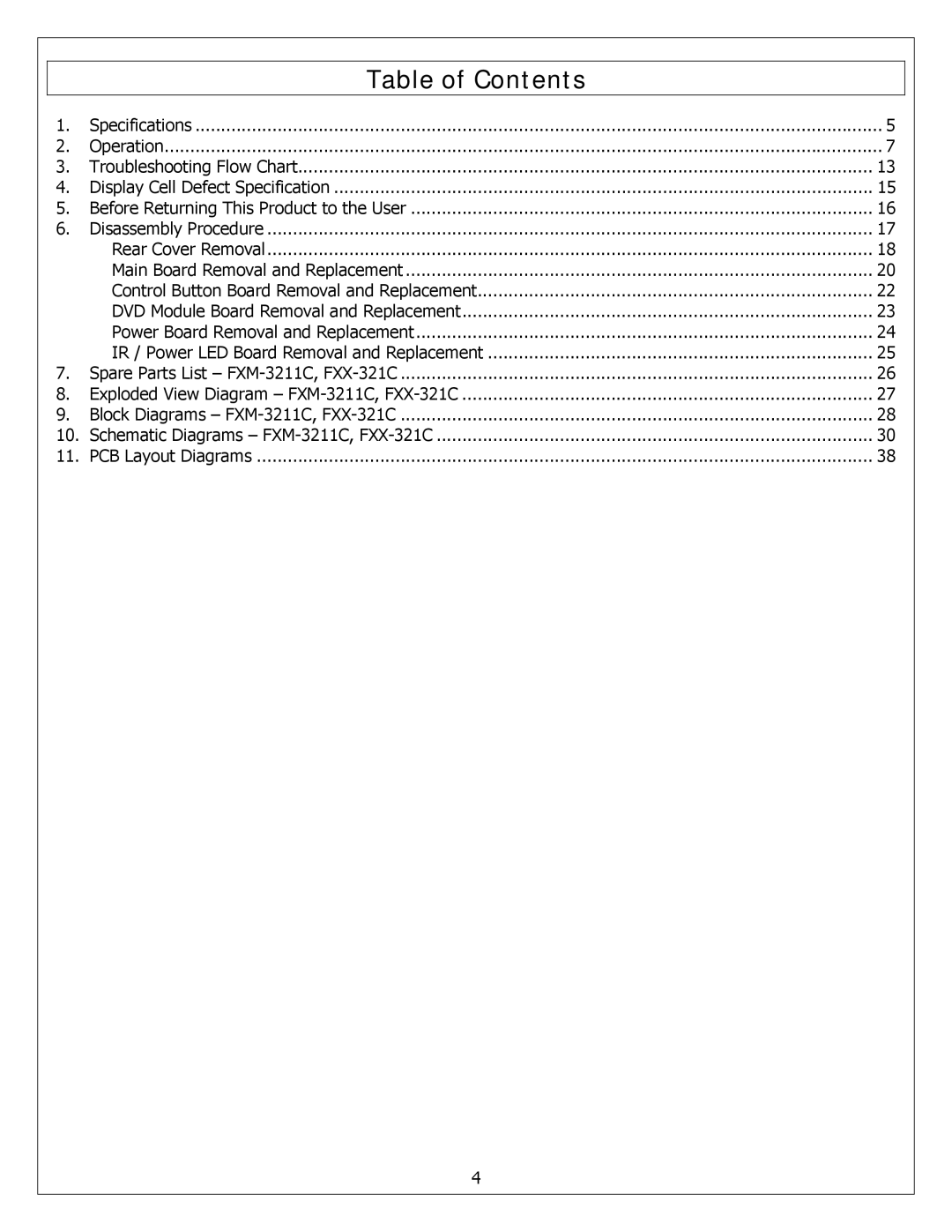 Polaroid FXM-3211C, FXX-321C service manual Table of Contents 