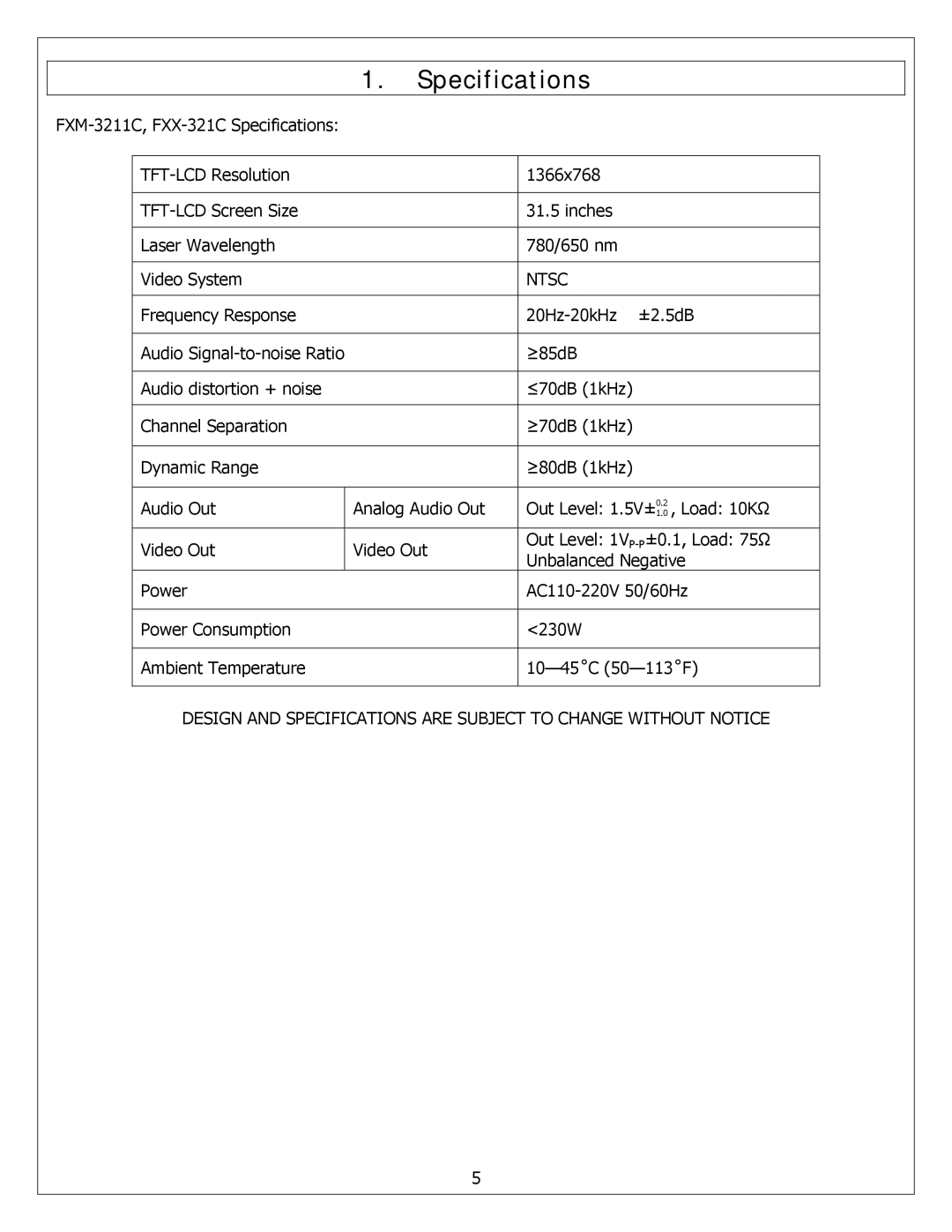 Polaroid FXX-321C, FXM-3211C service manual Specifications, Ntsc 