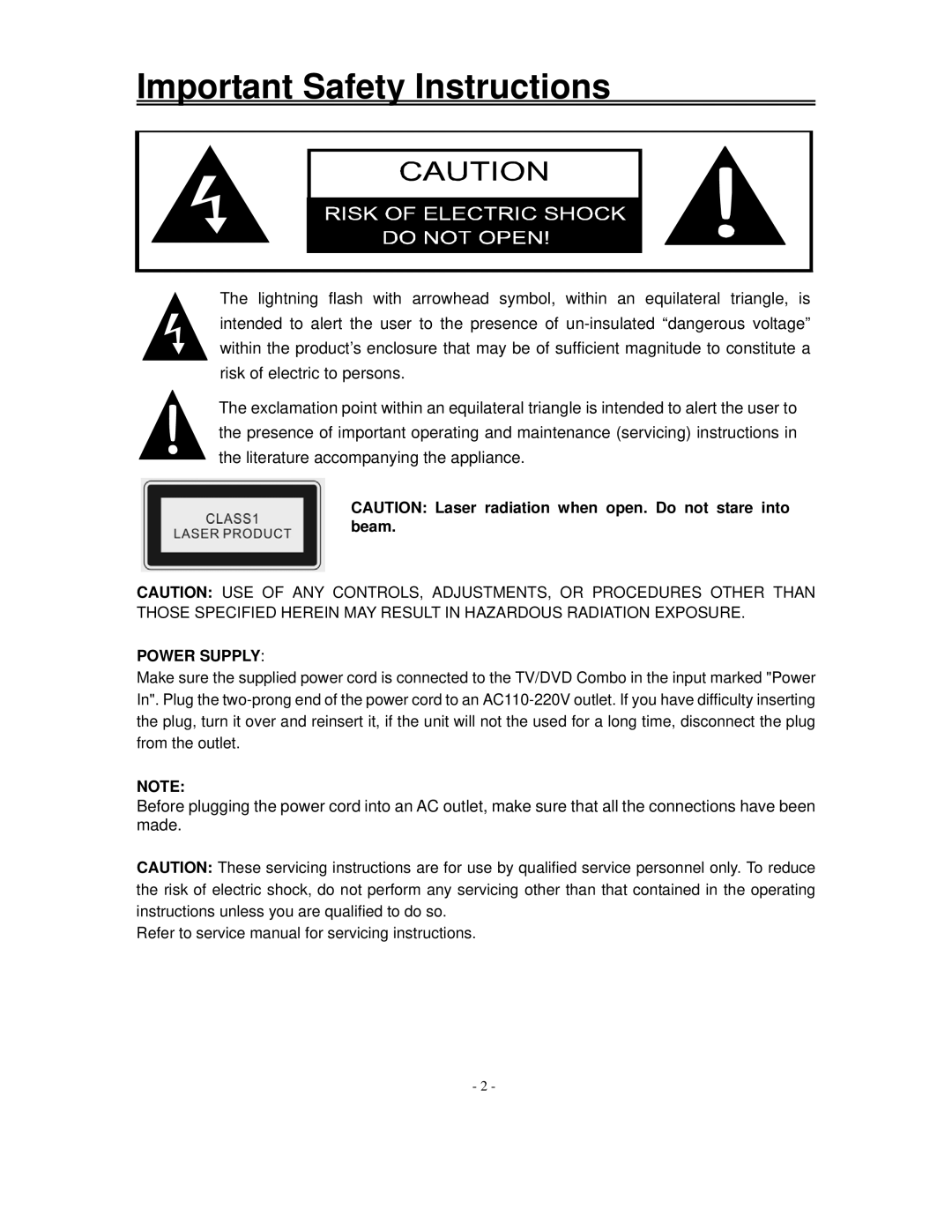 Polaroid FXX-321C manual Important Safety Instructions, Power Supply 