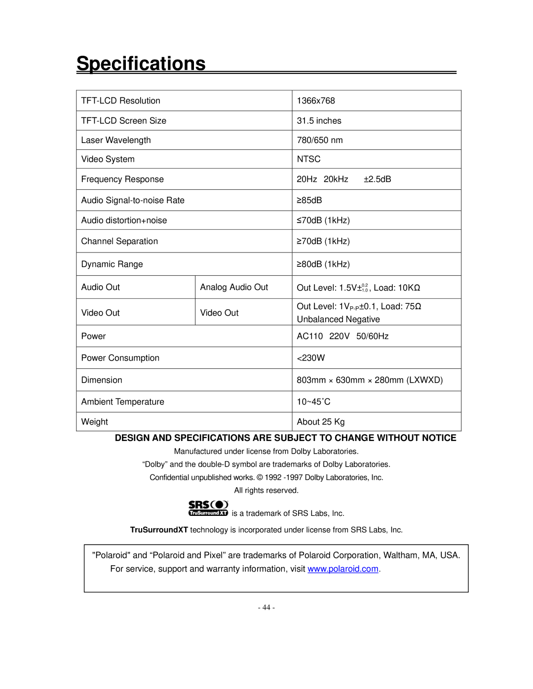 Polaroid FXX-321C manual Specifications, Ntsc 