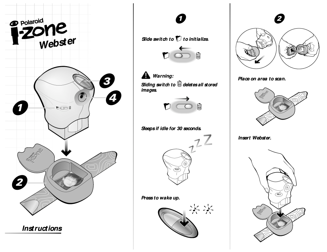 Polaroid i-Zone Webster manual Slide switch to to initialize, Place on area to scan, Instructions 