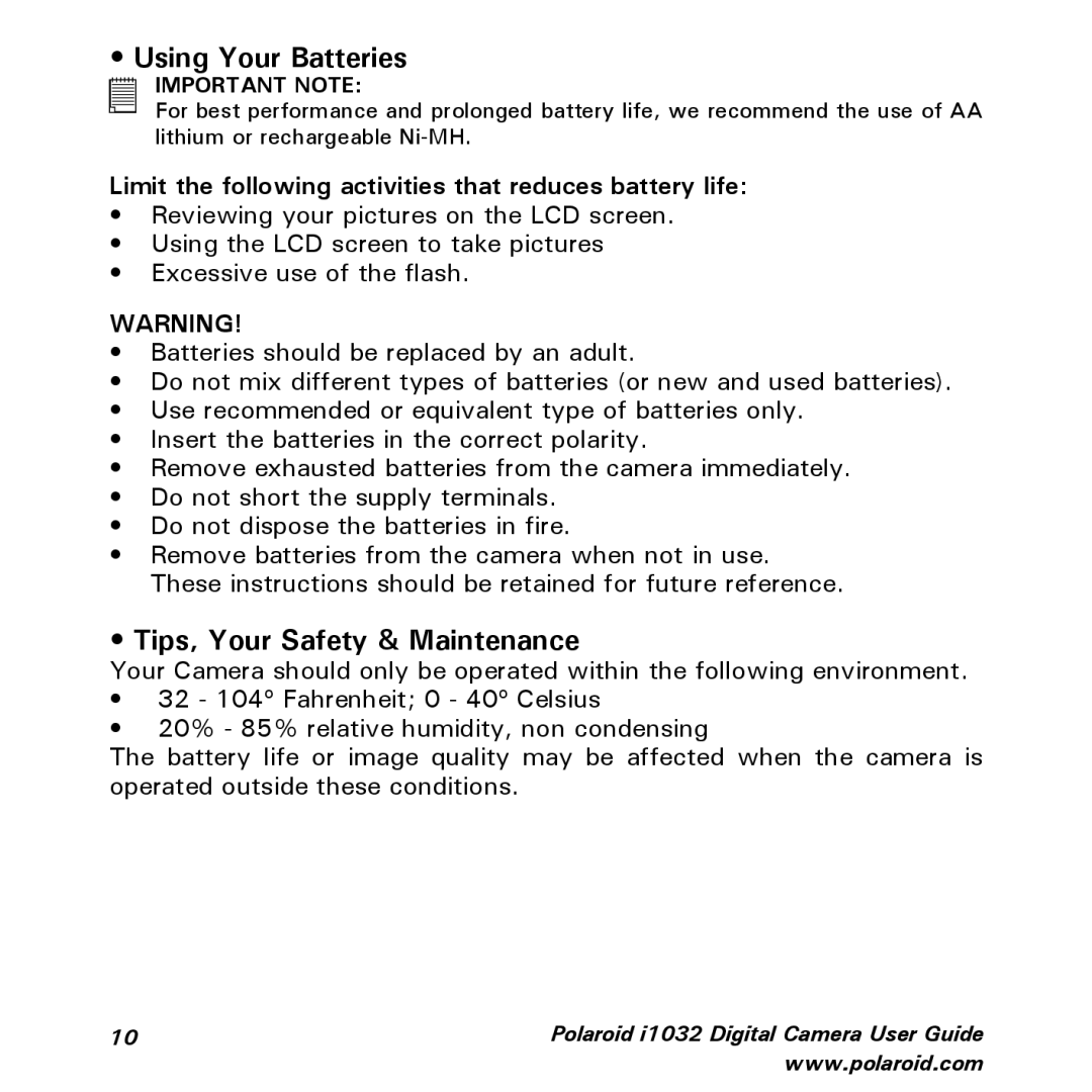 Polaroid i1032 manual Using Your Batteries, Tips, Your Safety & Maintenance 