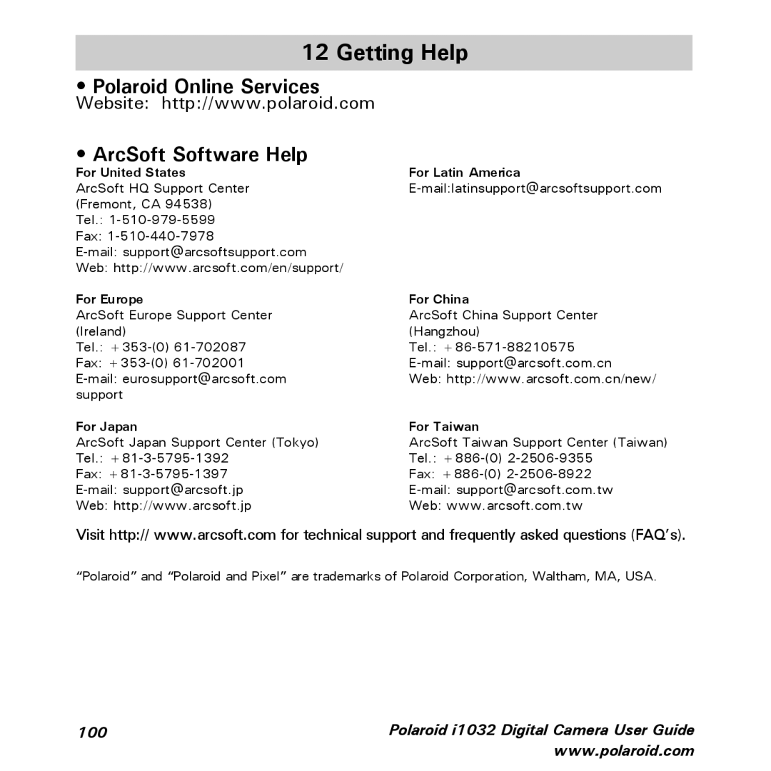 Polaroid i1032 manual Getting Help, Polaroid Online Services ArcSoft Software Help 