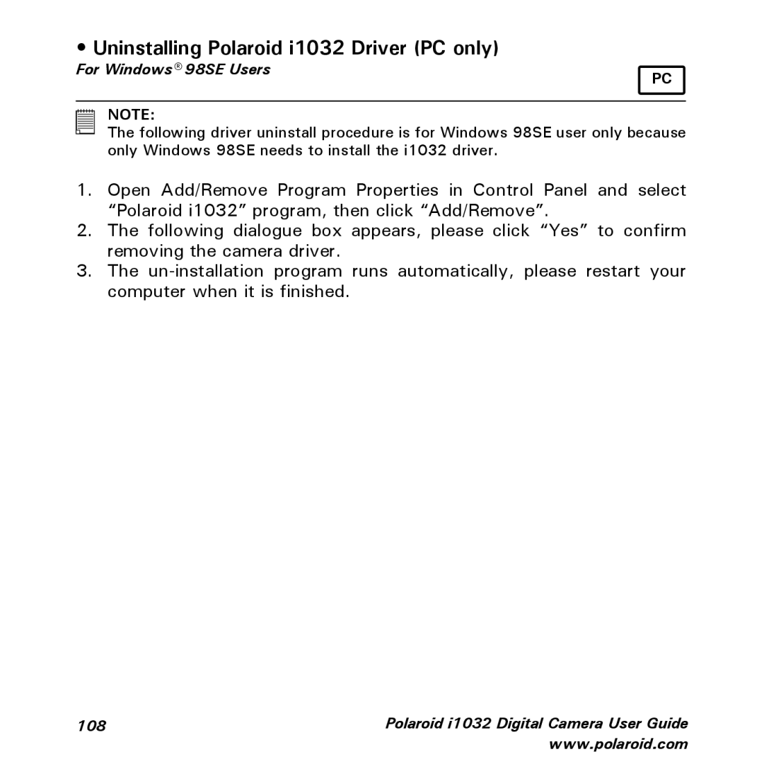 Polaroid manual Uninstalling Polaroid i1032 Driver PC only, For Windows 98SE Users 