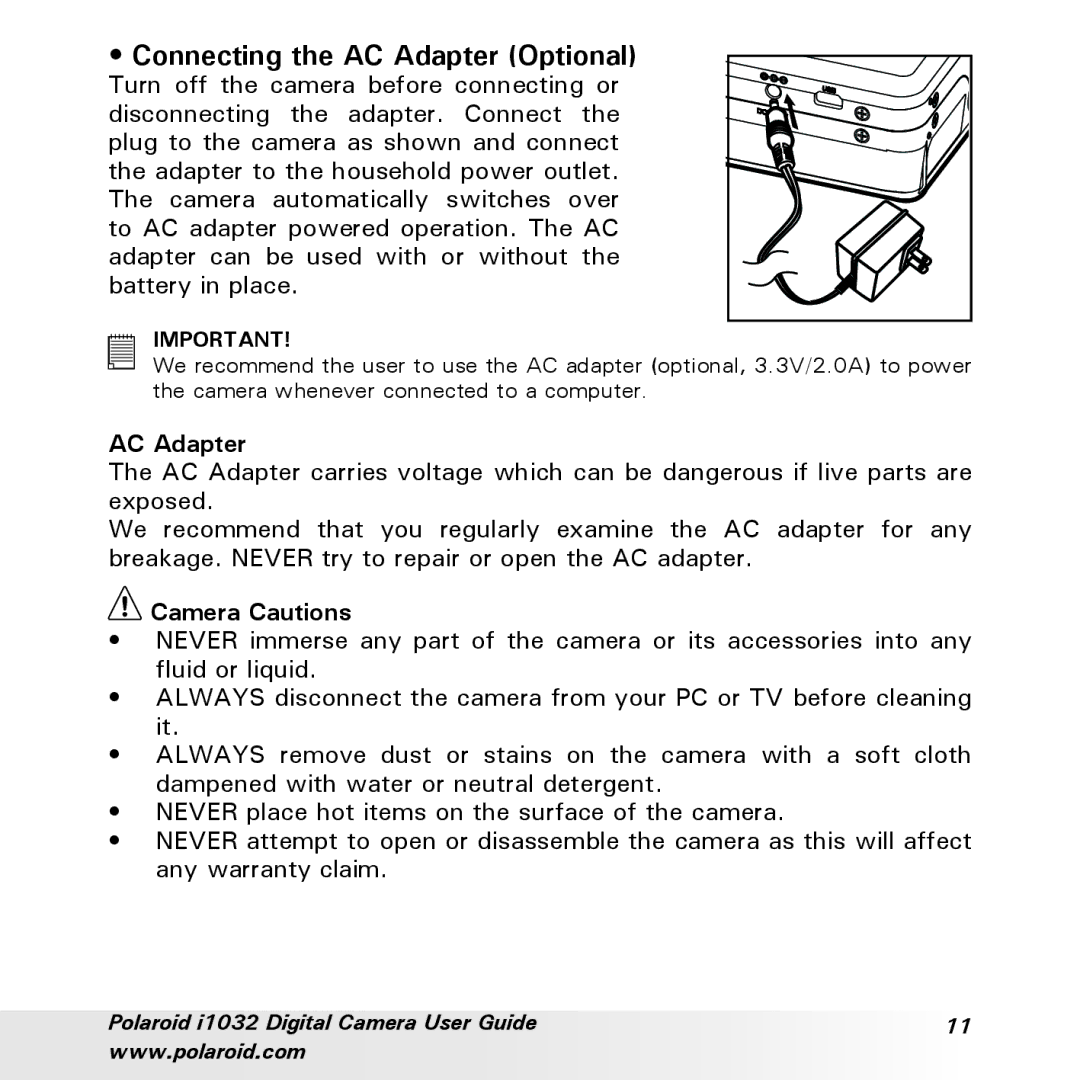 Polaroid i1032 manual Connecting the AC Adapter Optional, Camera Cautions 