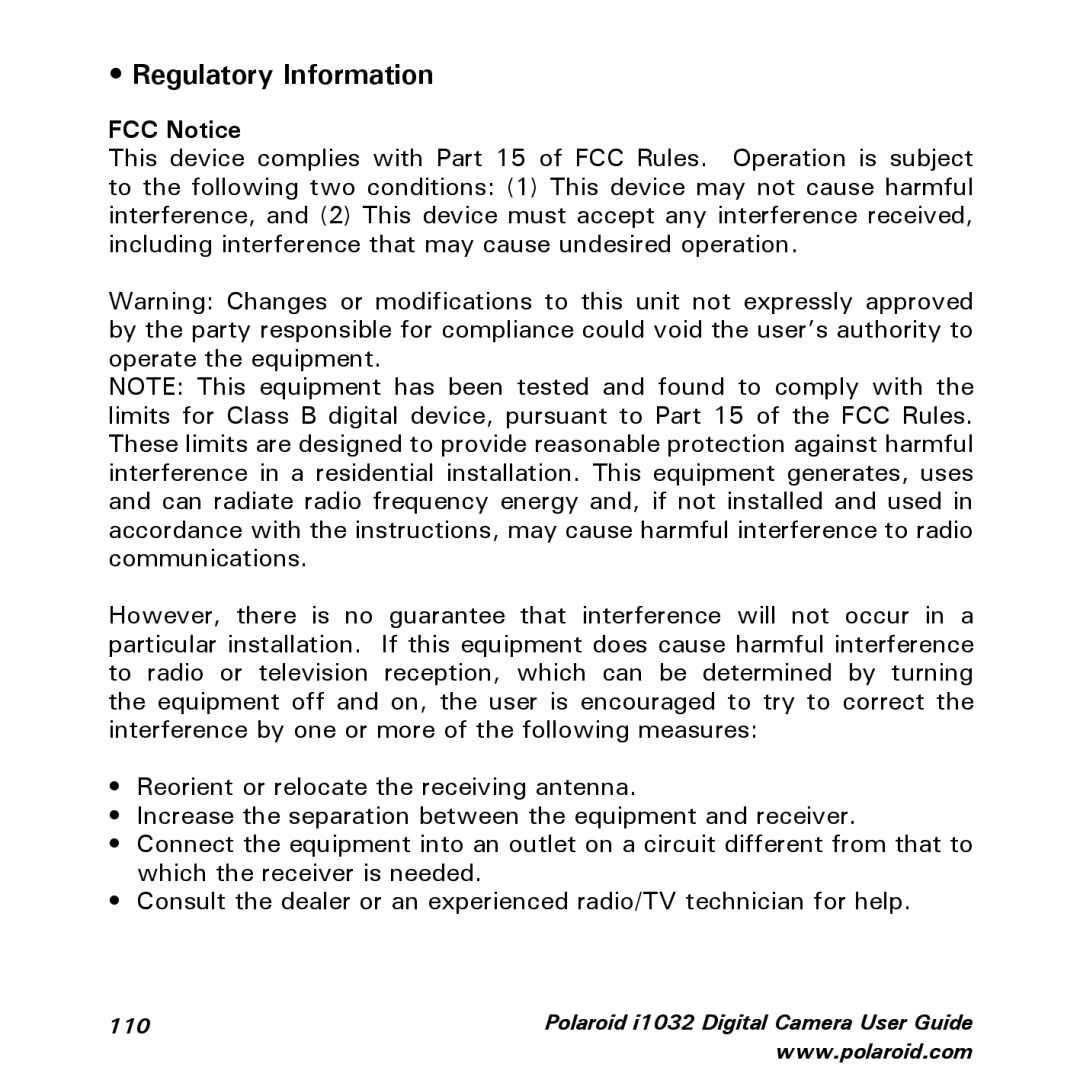 Polaroid i1032 manual Regulatory Information, FCC Notice 