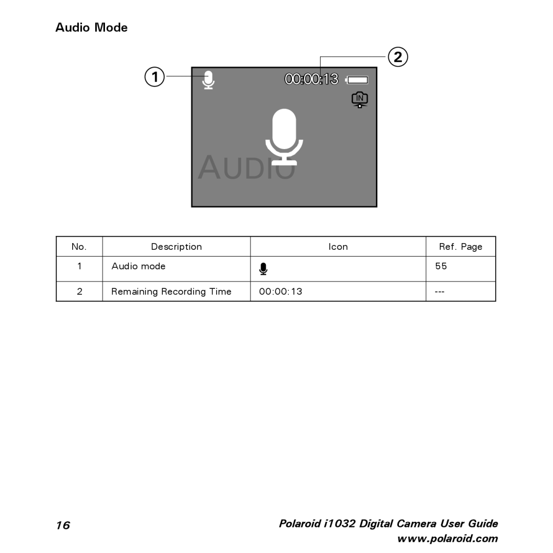 Polaroid i1032 manual 000013, Audio Mode 