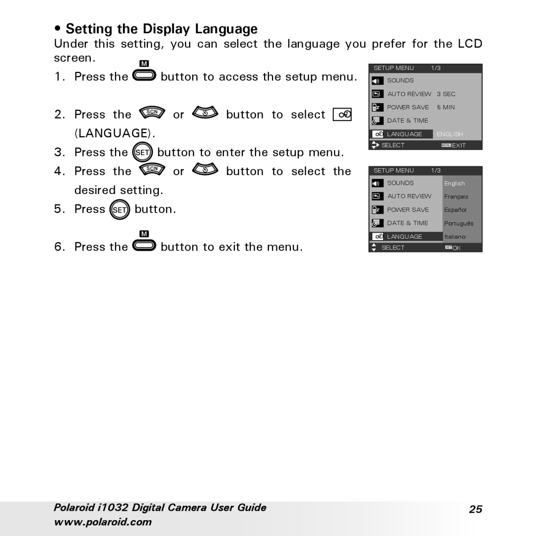 Polaroid i1032 manual Setting the Display Language 